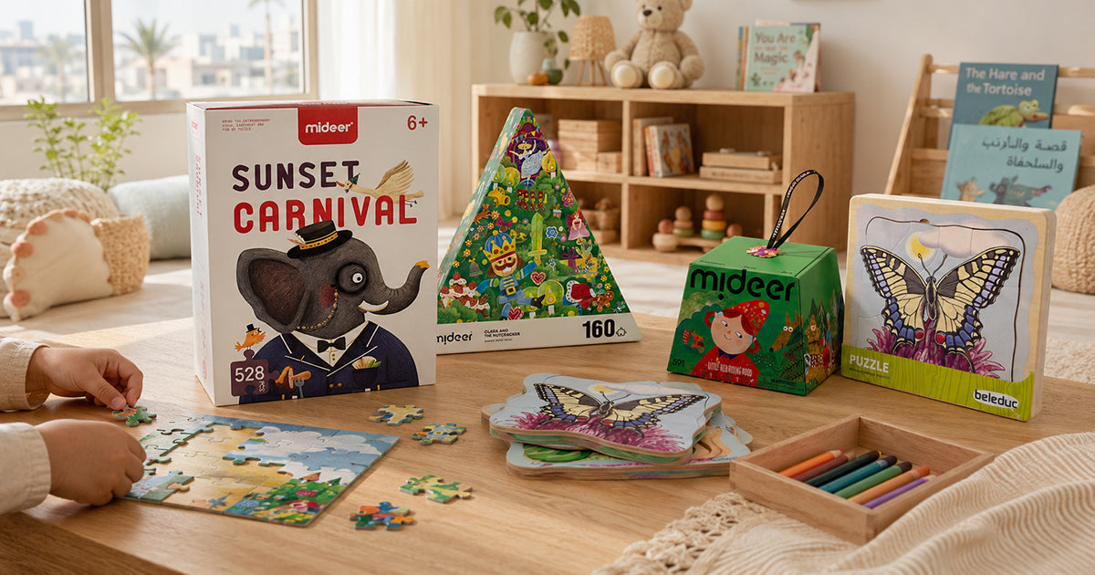Mideer and Beleduc puzzles for kids ages 1 to 8+, including Sunset Carnival 528-piece jigsaw, triangular puzzle box, and Beleduc butterfly puzzle — featured in the ChooseMyToys puzzles age guide