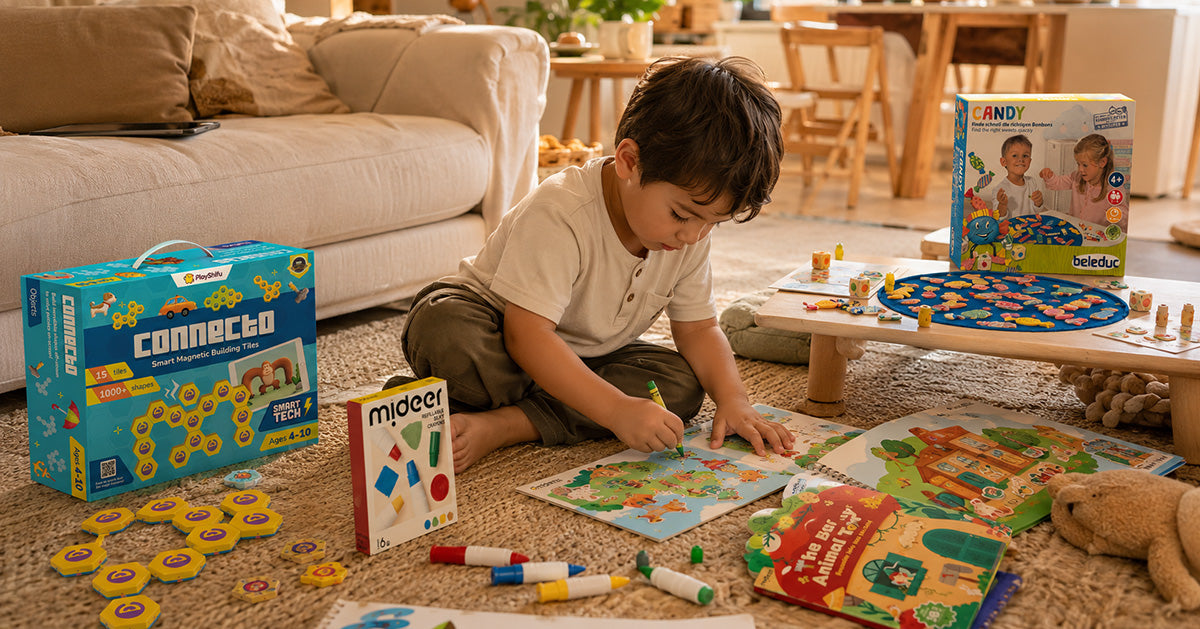 Toddler playing with screen-free toys at home — PlayShifu Connecto magnetic tiles, Mideer crayons, Beleduc Candy board game and animal puzzle book, featured in the ChooseMyToys screen time guide for UAE parents