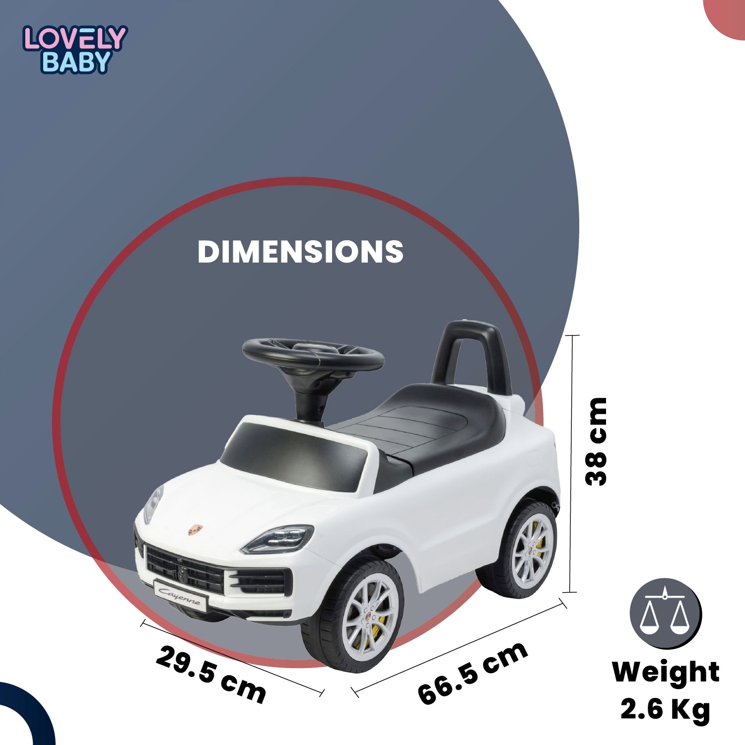 Lovely Baby Porsche Cayenne Kids Ride On Car - White - dimensions and contents