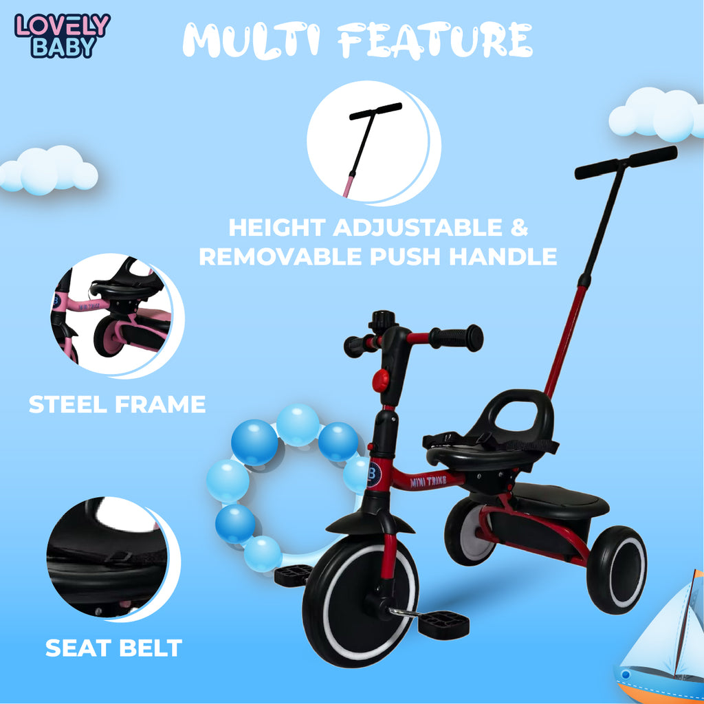 Lovely Baby Lovely Baby Tricycle for Kids Trike with Adjustable Handle, EVA Wheels, Seat Belt & Rear Basket, Steel Frame for Children Age 1 to 3 Years - Red - lifestyle view