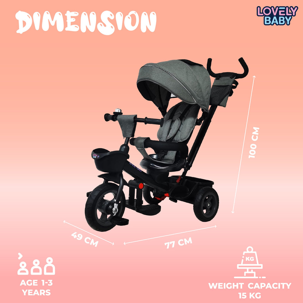 Lovely Baby Lovely Baby Royal Kids Tricycle with 360° Rotating Recline Seat & Canopy - Grey - additional view 5