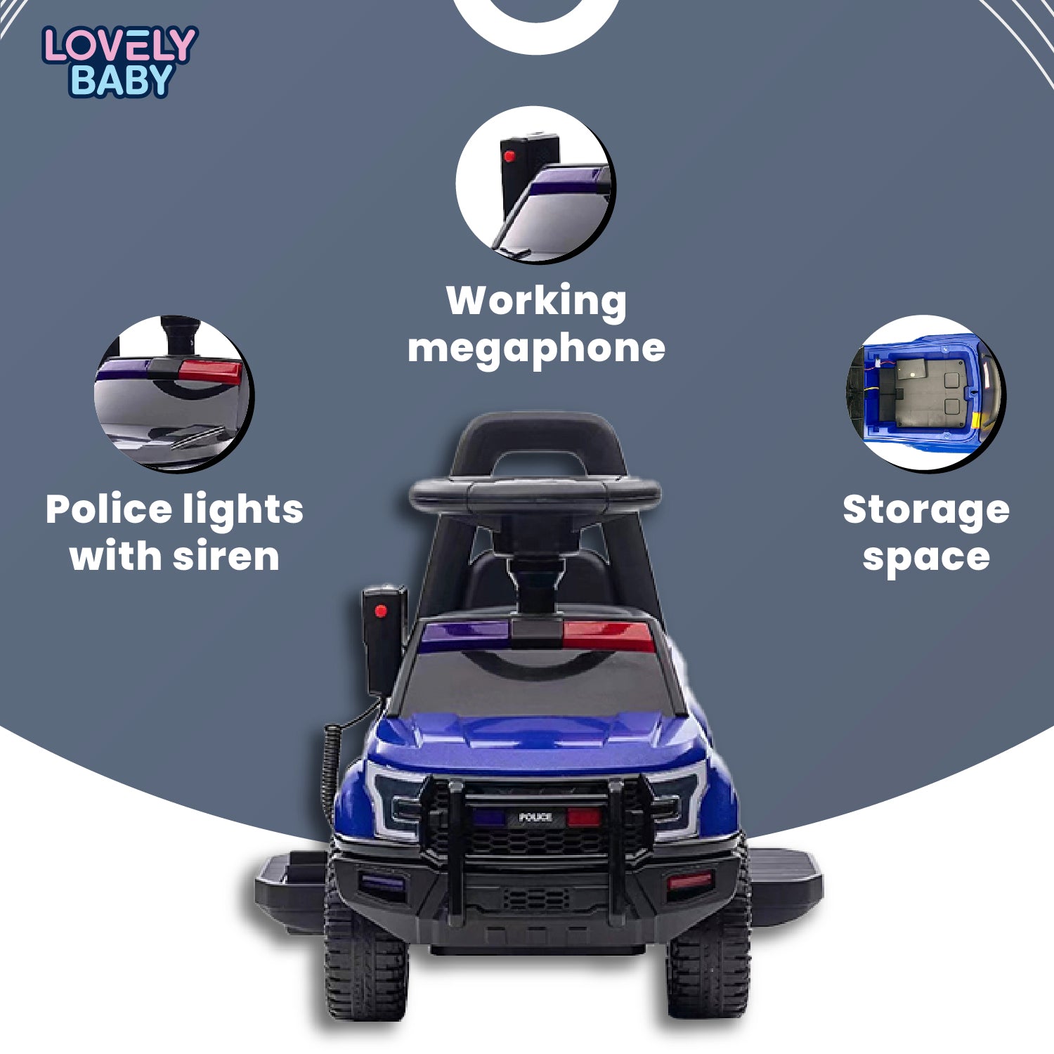 Lovely Baby Lovely Baby Police Patrol Kids Ride-On Push Car - Blue - dimensions and contents