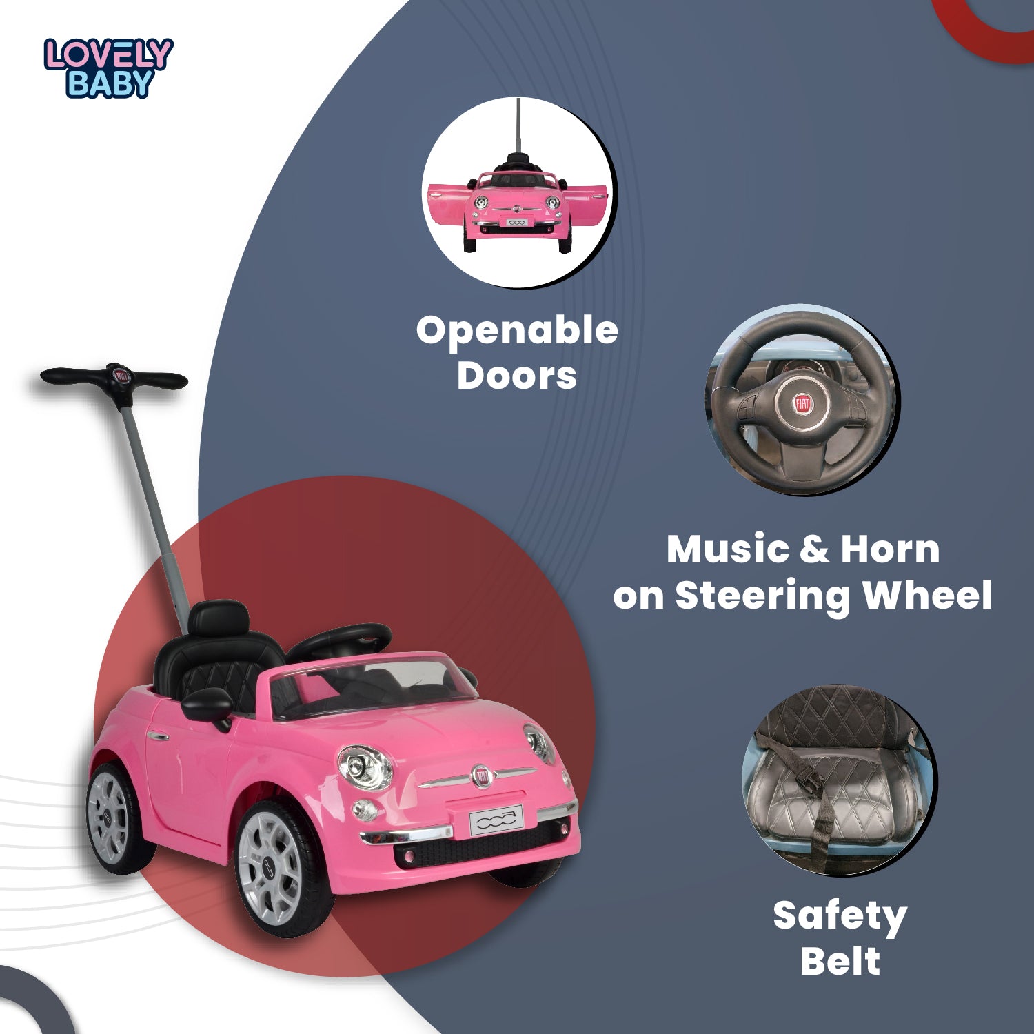 Lovely Baby Fiat 500 Kids Ride-On Push Car with Parental Control Handle - Pink - additional view 5