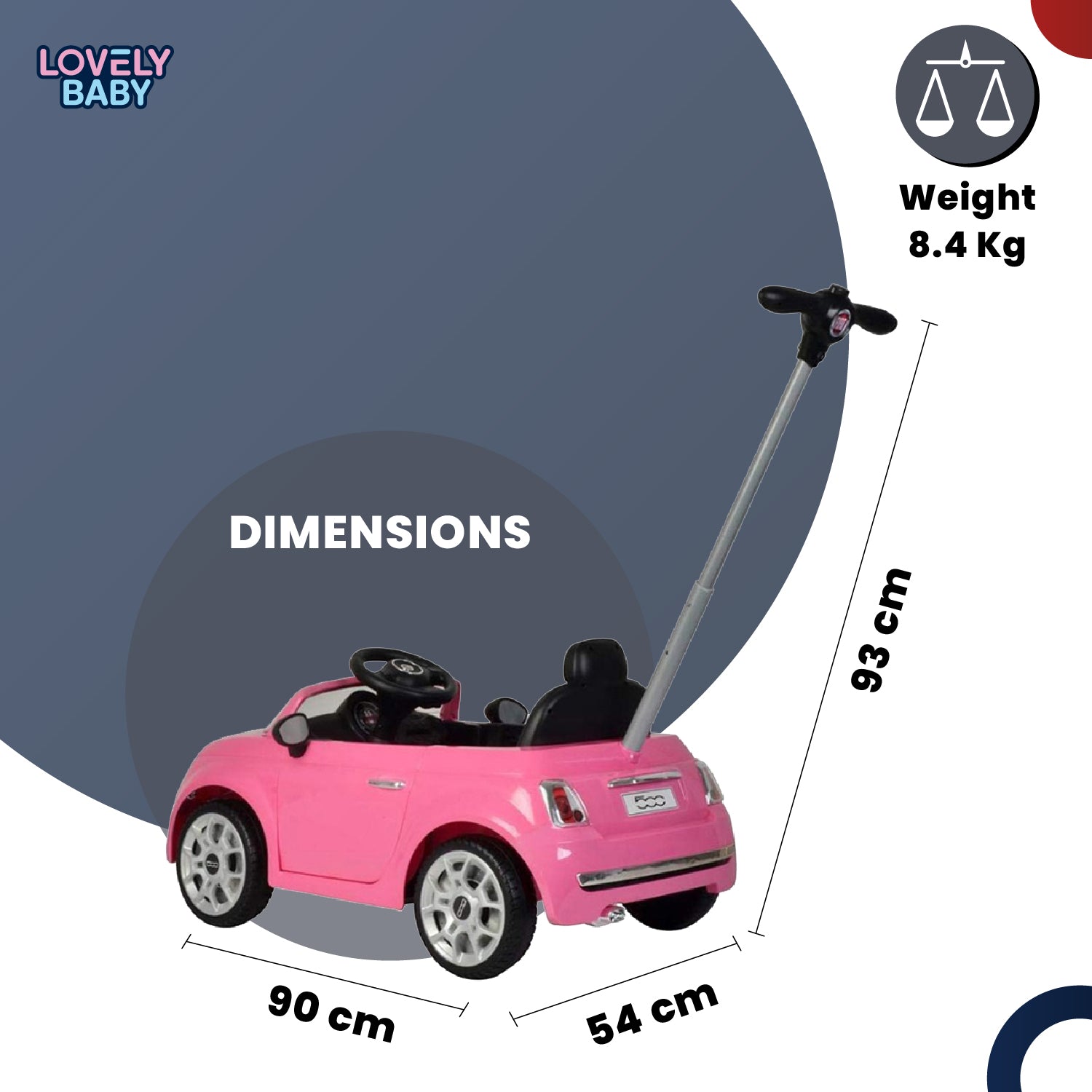 Lovely Baby Fiat 500 Kids Ride-On Push Car with Parental Control Handle - Pink - additional view 8