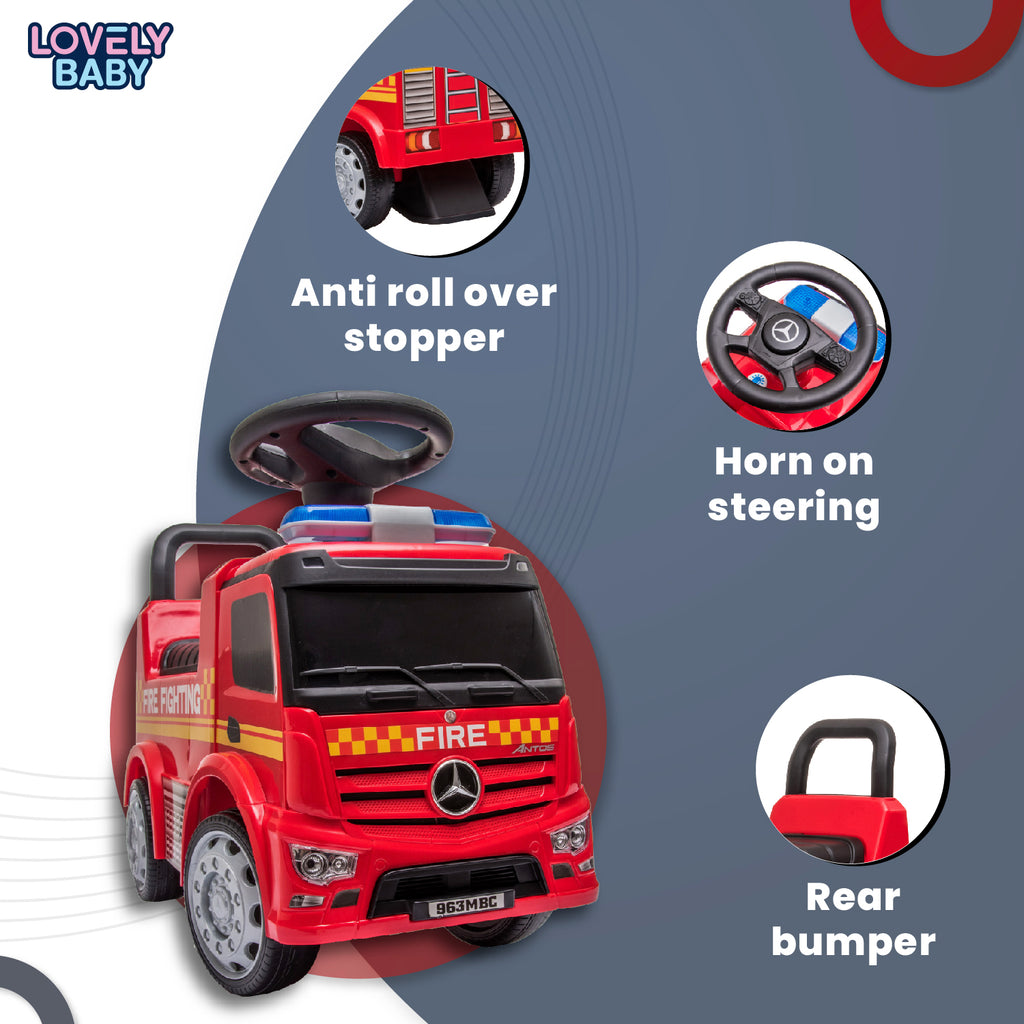 Lovely Baby Mercedes-Benz Fire Truck Ride-On Push Car - Red - dimensions and contents