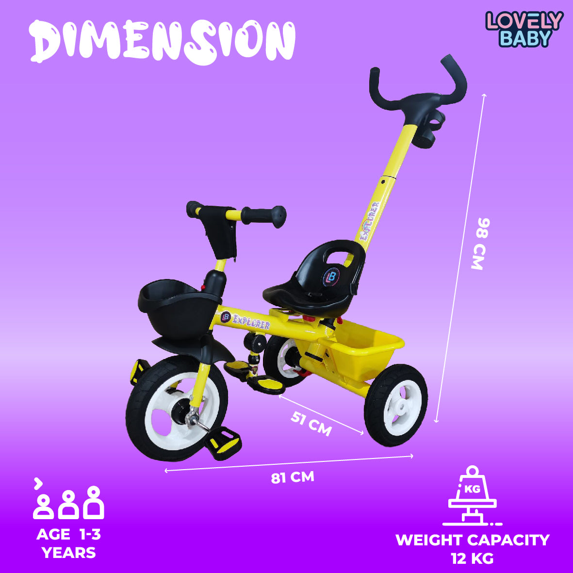 Lovely Baby Lovely Baby Smart Kids Tricycle with Parent Push Handle, Rubber Wheels & Dual Storage - Pink - additional view 5