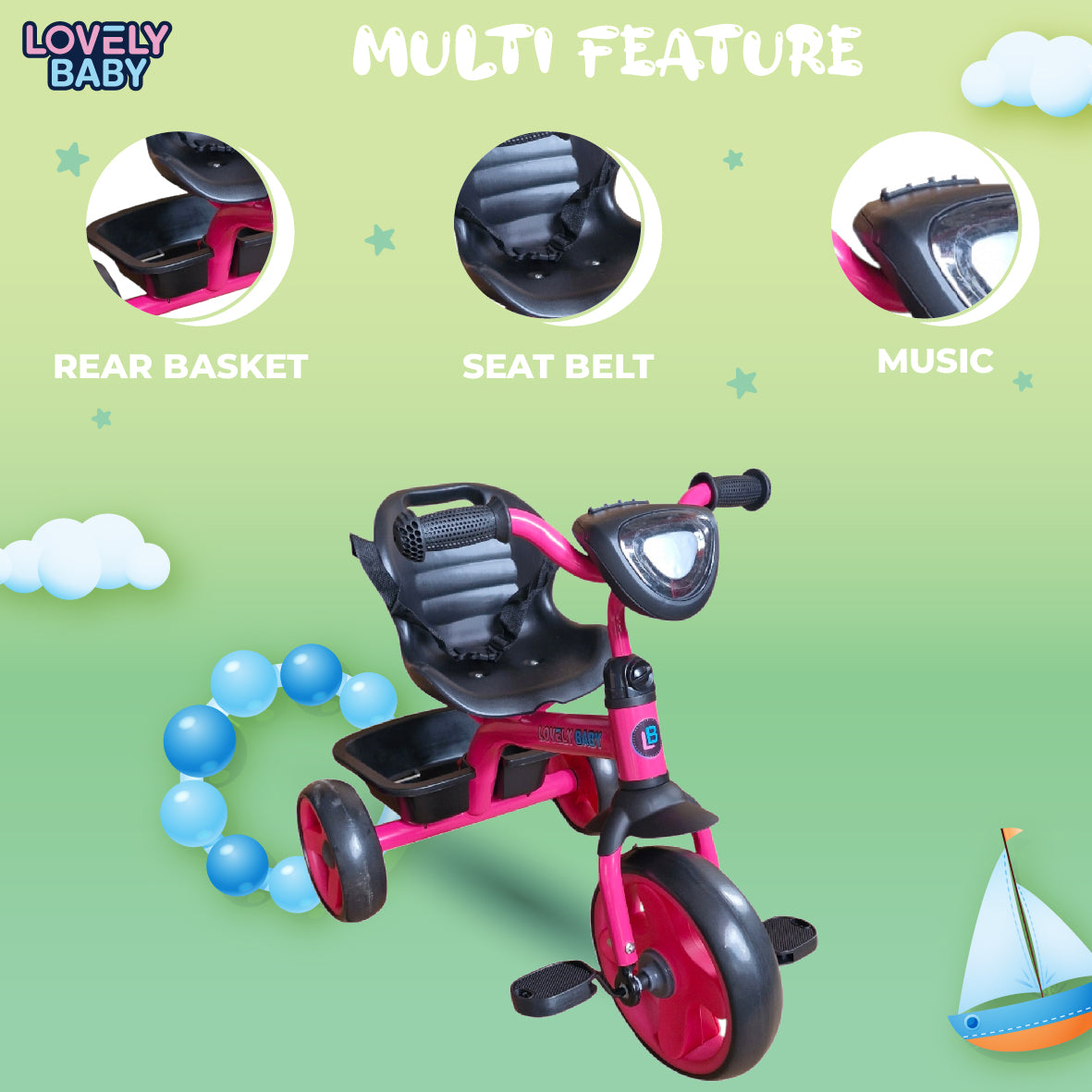 Lovely Baby Lovely Baby Smart Kids Tricycle with LED Lights, Music & Safety Seat Belt - Pink - lifestyle view