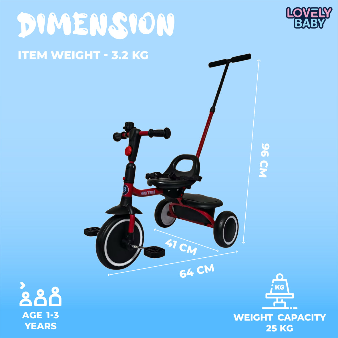 Lovely Baby Lovely Baby Tricycle for Kids Trike with Adjustable Handle, EVA Wheels, Seat Belt & Rear Basket, Steel Frame for Children Age 1 to 3 Years - Red - dimensions and contents
