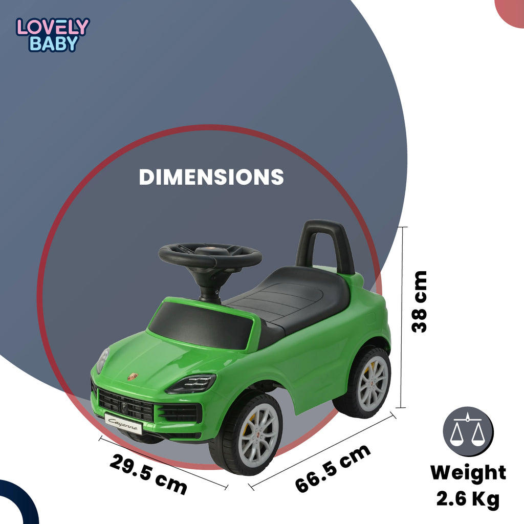 Lovely Baby Porsche Cayenne Kids Ride On Car - Green - dimensions and contents