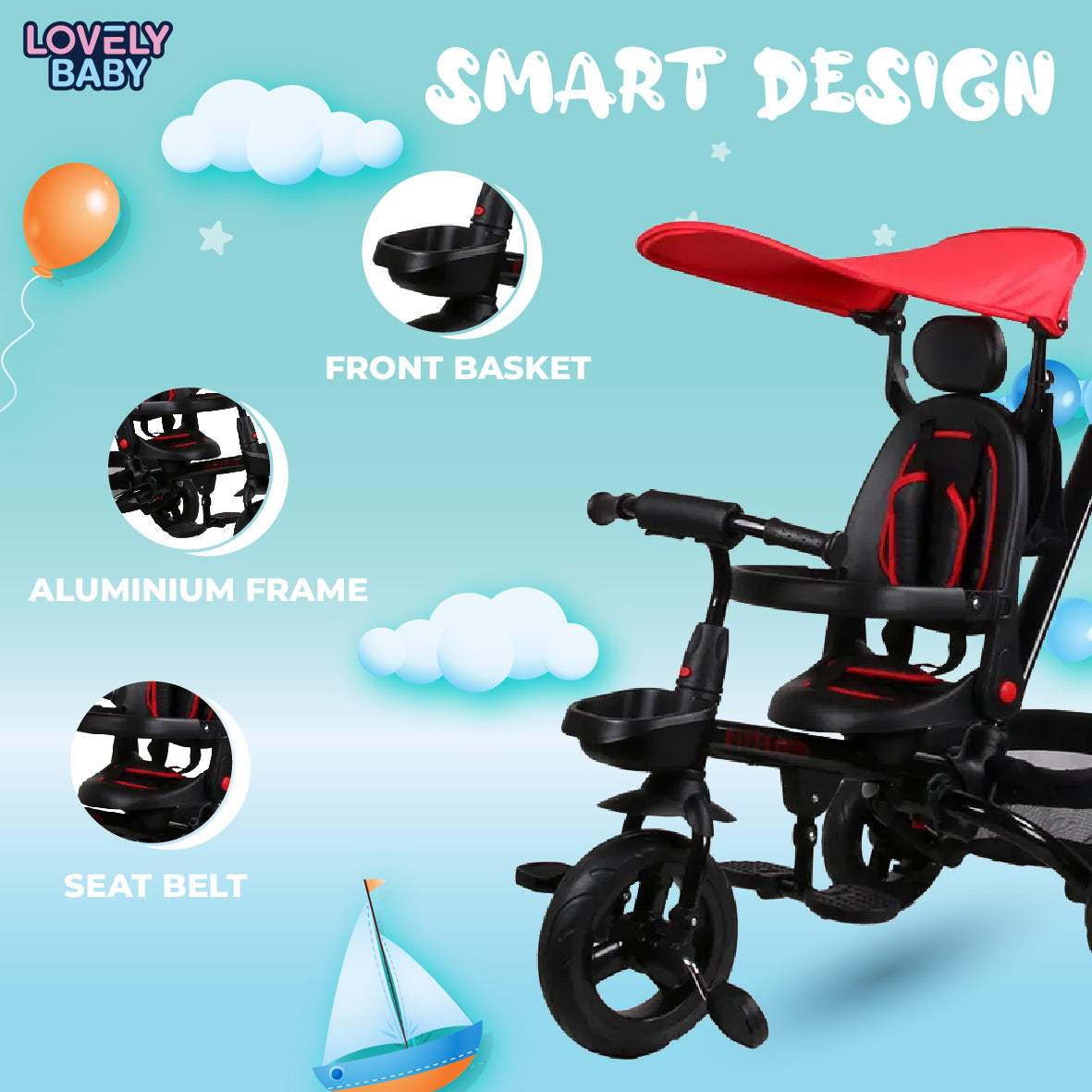 Lovely Baby Lovely Baby Smart Kids Tricycle Stroller with 360° Rotating Seat & EVA Wheels - Red - additional view 5