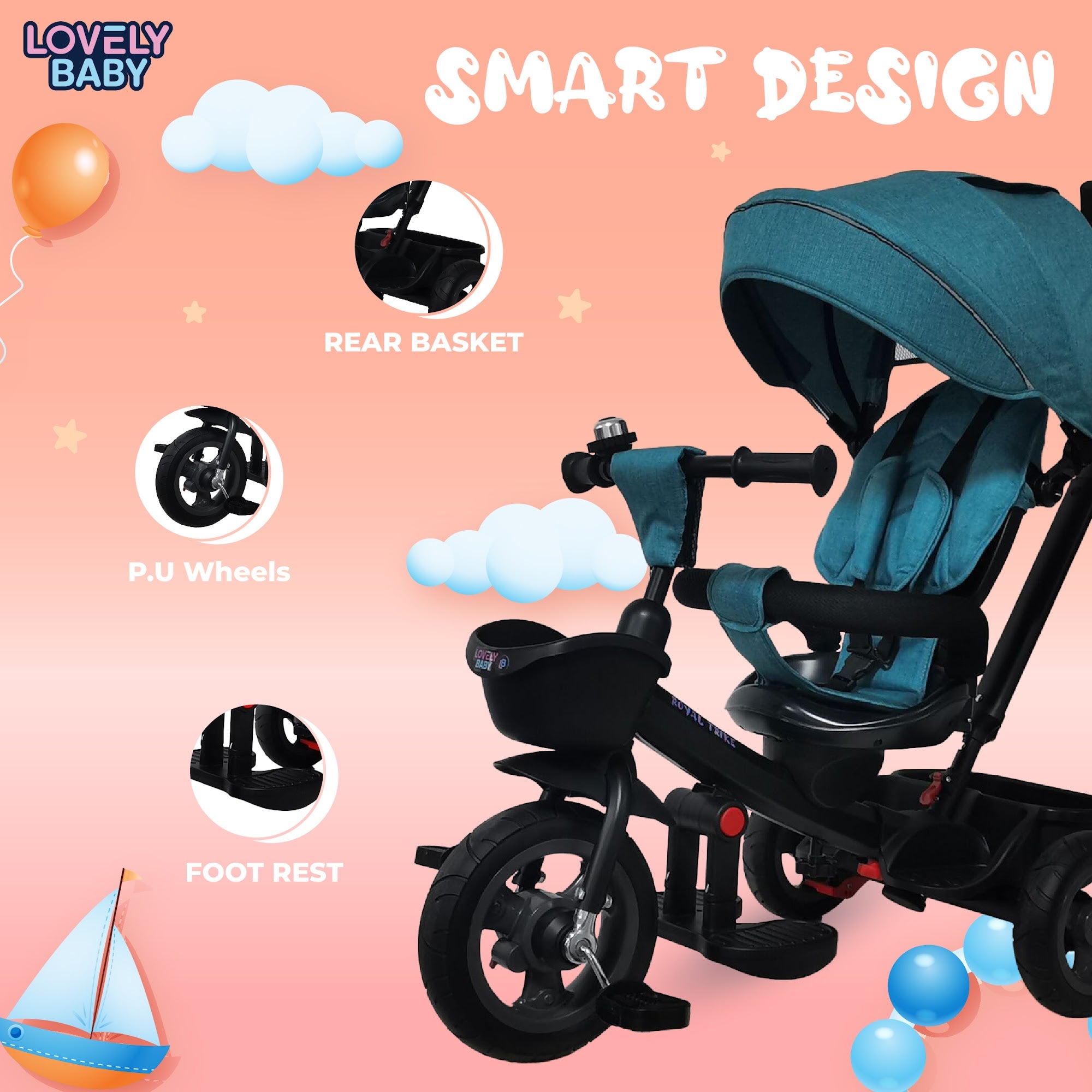 Lovely Baby Lovely Baby Royal Kids Tricycle with 360° Rotating Recline Seat & Canopy - Blue - lifestyle view