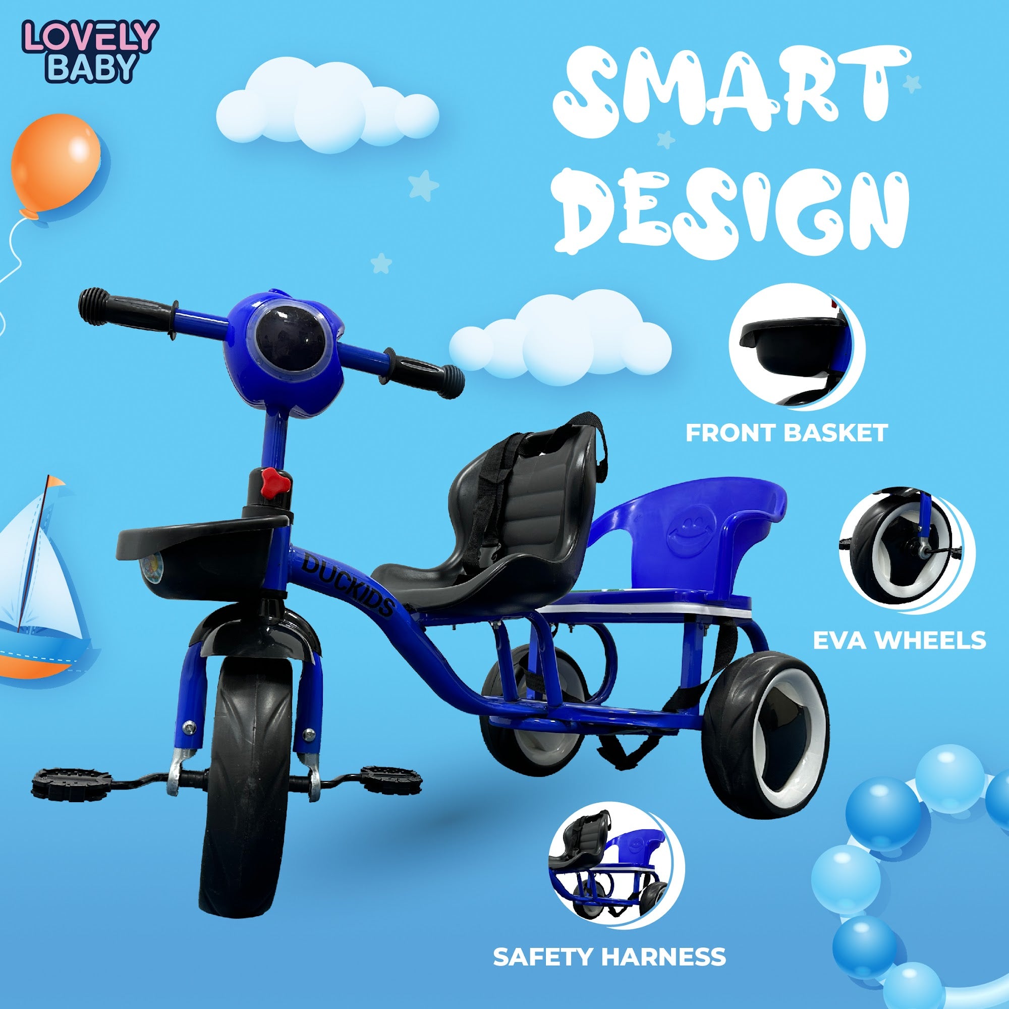 Lovely Baby Lovely Baby 2-Seater Kids Tricycle with Interactive Lights & Music - Blue - additional view 7