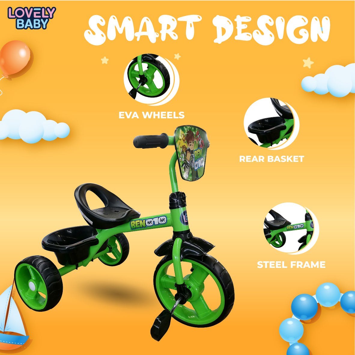 Lovely Baby Lovely Baby Ben-10 Tricycle for Kids - Pink - dimensions and contents