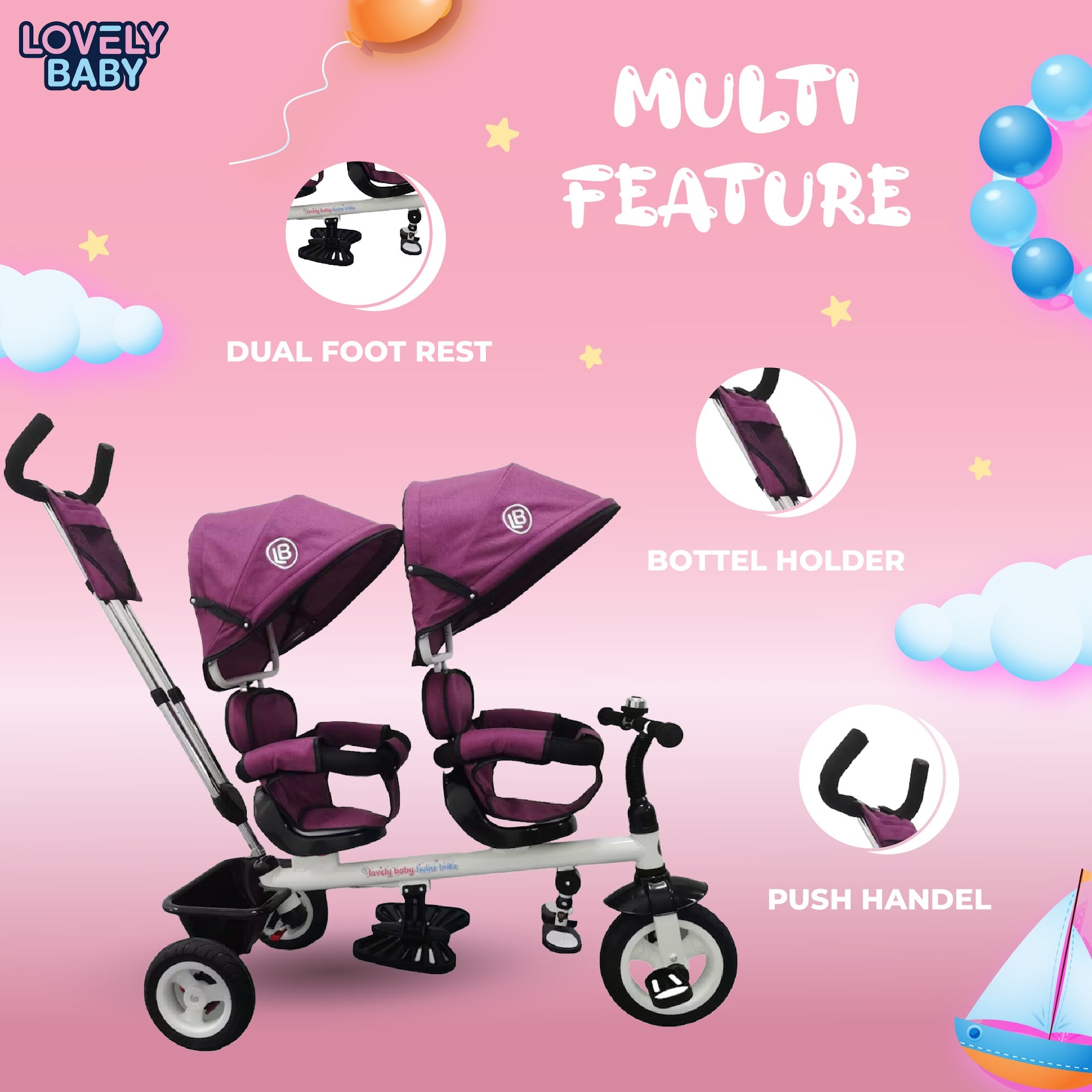Lovely Baby Lovely Baby 2-Seater Twin Tricycle with Dual Canopy & 360° Rotating Seats - Purple - additional view 5