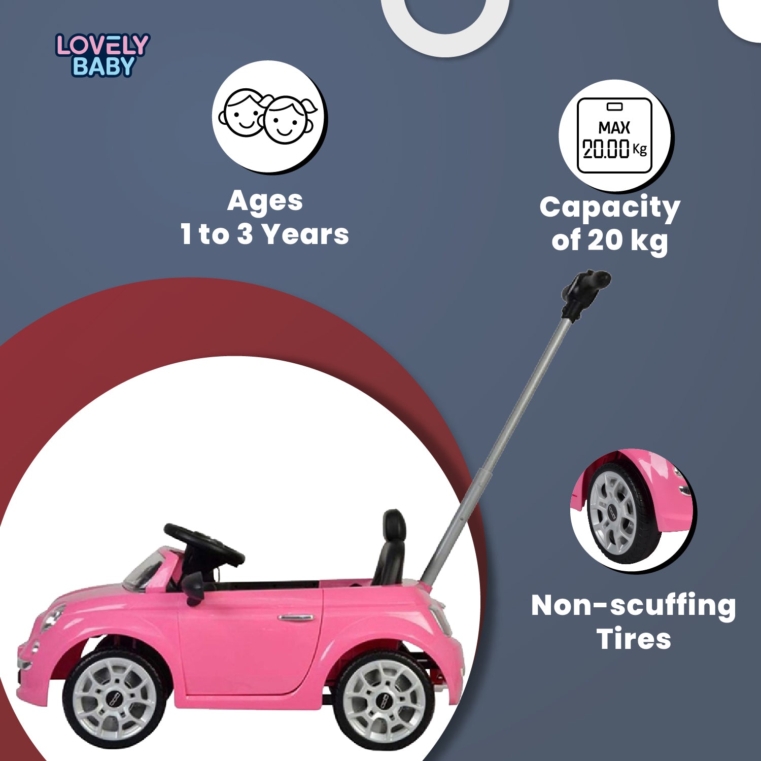 Lovely Baby Fiat 500 Kids Ride-On Push Car with Parental Control Handle - Pink - additional view 6