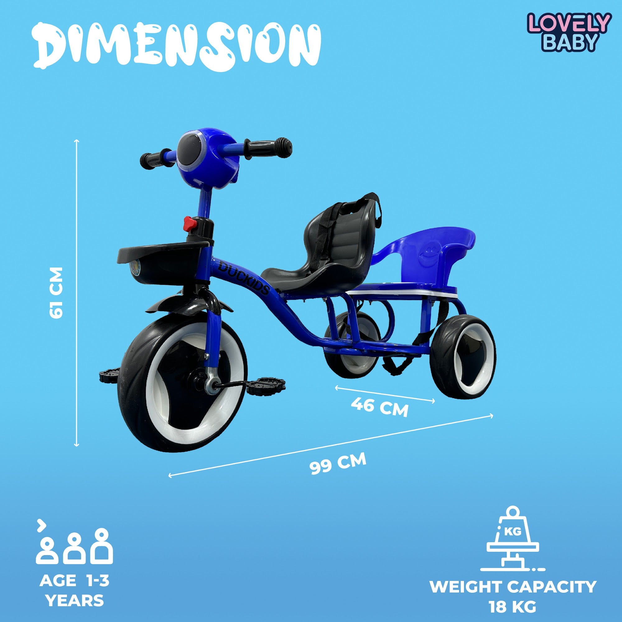 Lovely Baby Lovely Baby 2-Seater Kids Tricycle with Interactive Lights & Music - Blue - additional view 9