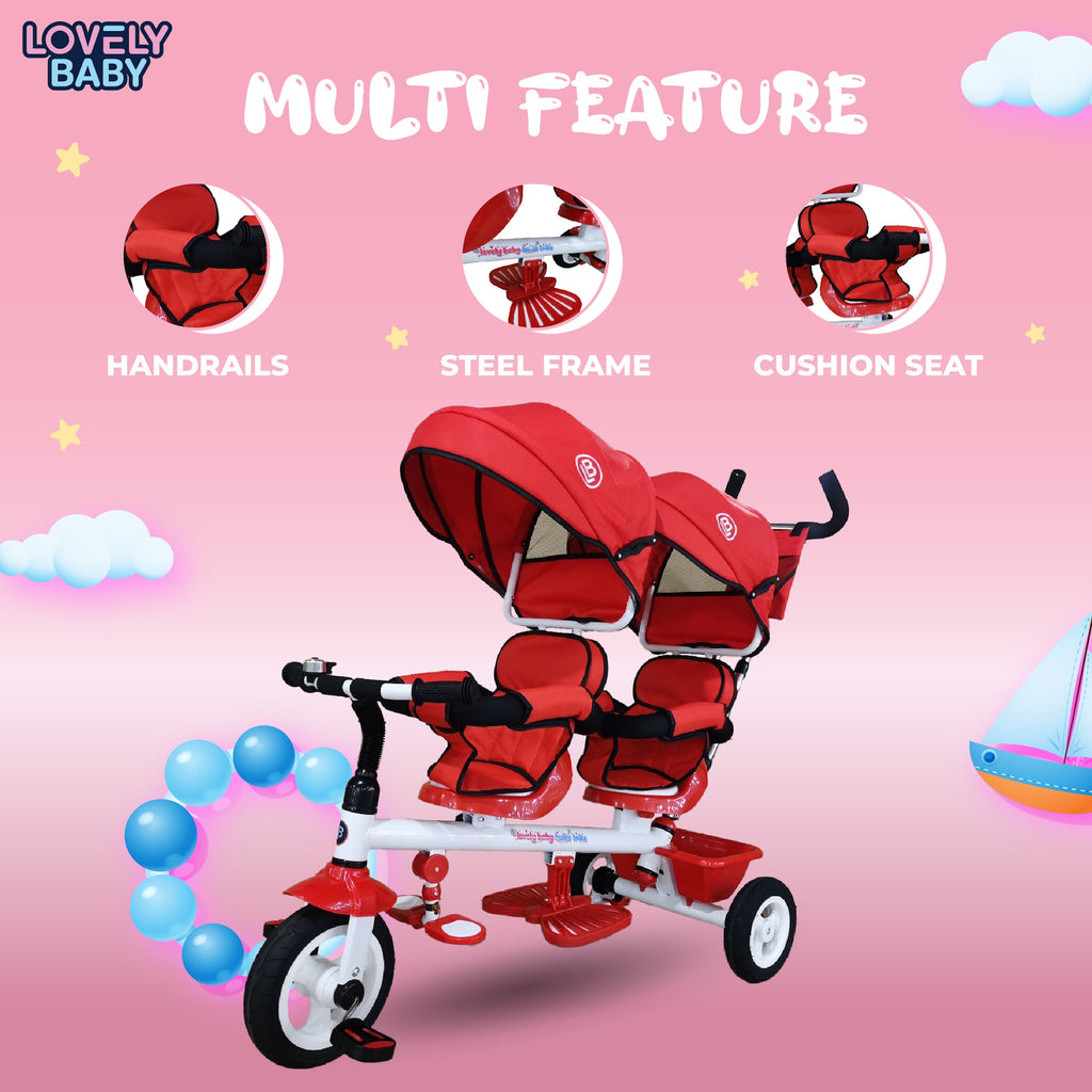 Lovely Baby Lovely Baby 2-Seater Twin Tricycle with Dual Canopy & 360° Rotating Seats - Red - additional view 5