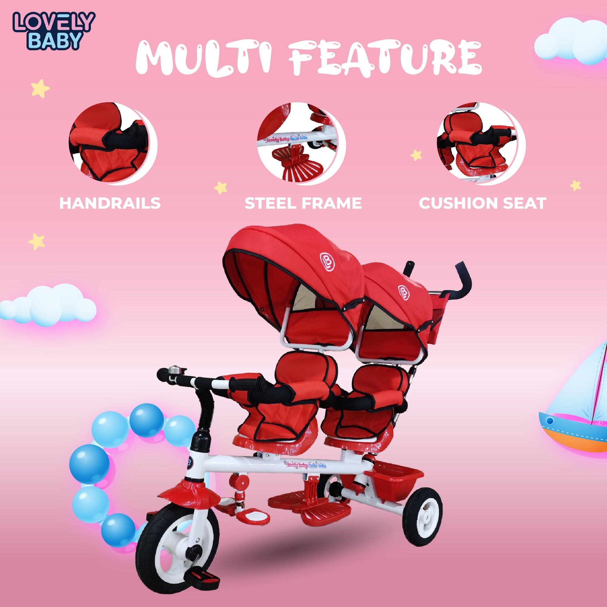 Lovely Baby Lovely Baby 2-Seater Twin Tricycle with Dual Canopy & 360° Rotating Seats - Red - additional view 5