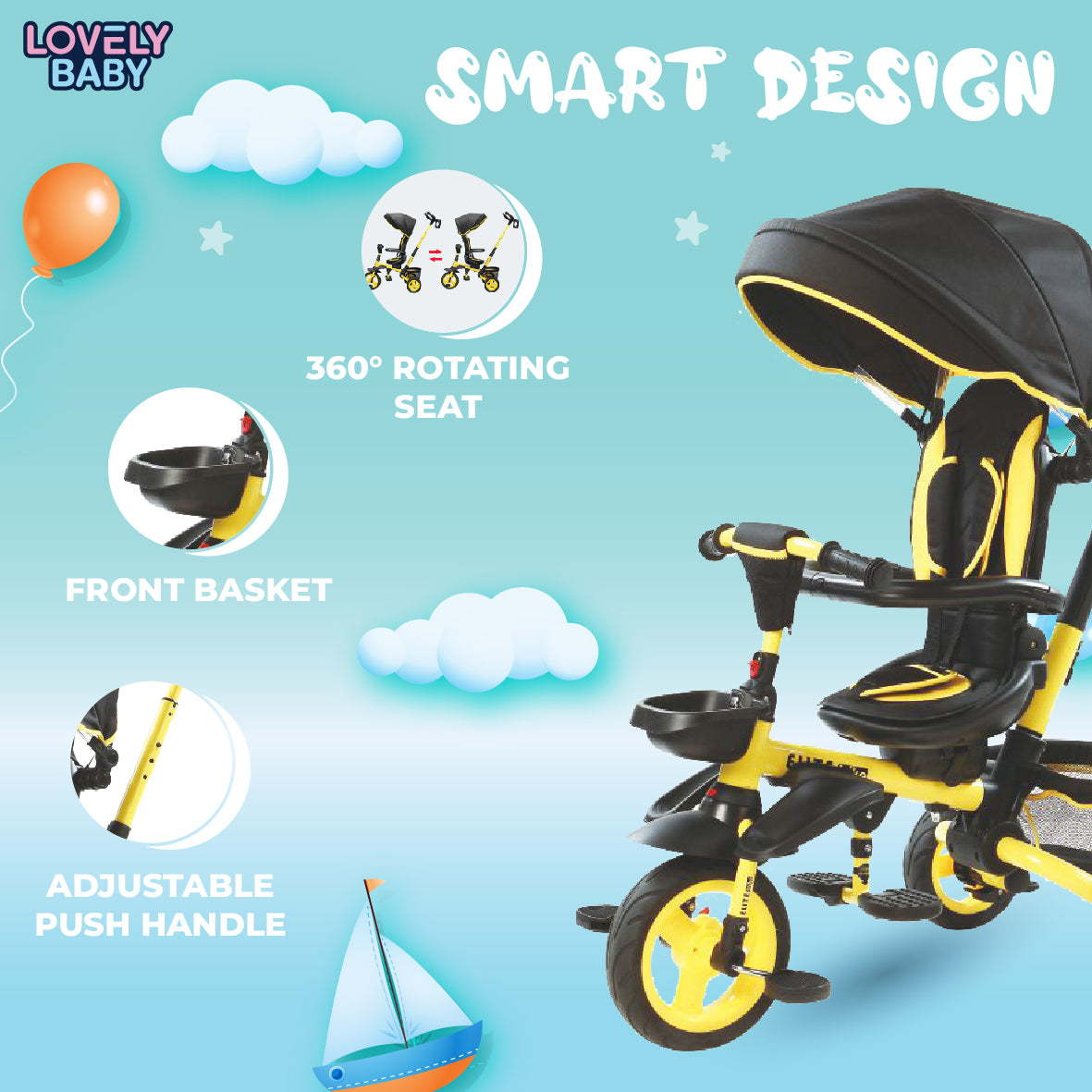 Lovely Baby Lovely Baby Multi-Functional Kids Tricycle with 360° Rotating Seat & Canopy - Yellow - dimensions and contents