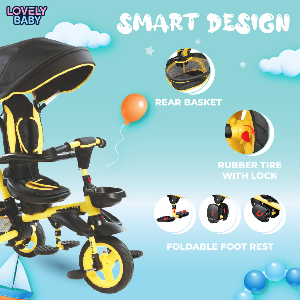 Lovely Baby Lovely Baby Multi-Functional Kids Tricycle with 360° Rotating Seat & Canopy - Yellow - alternate angle