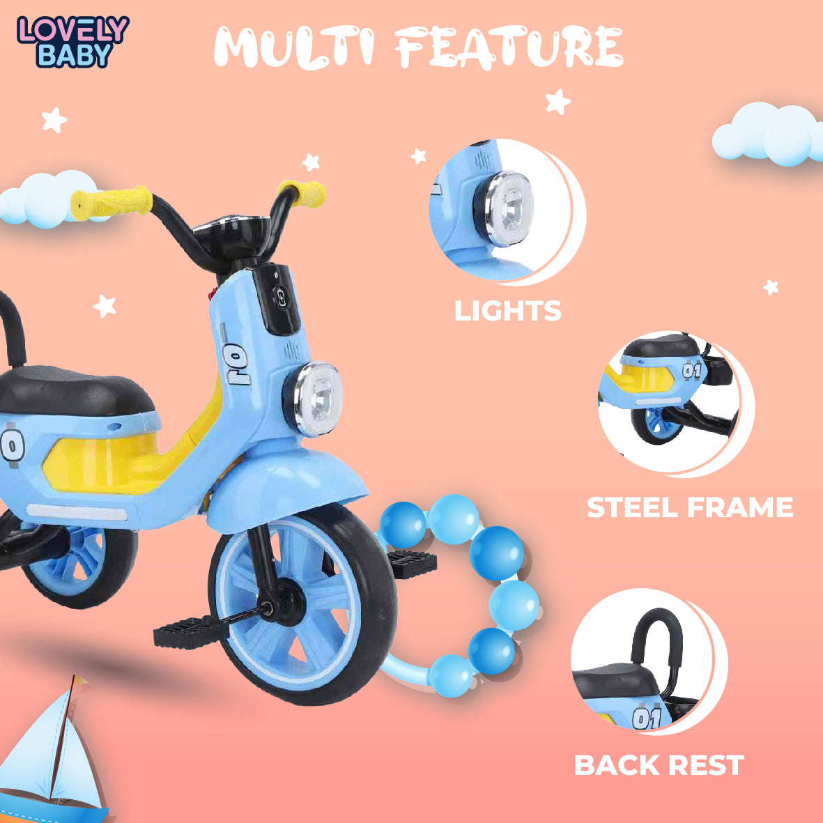 Lovely Baby Lovely Baby Smart Kids Tricycle with LED Lights & Music - Pink - lifestyle view