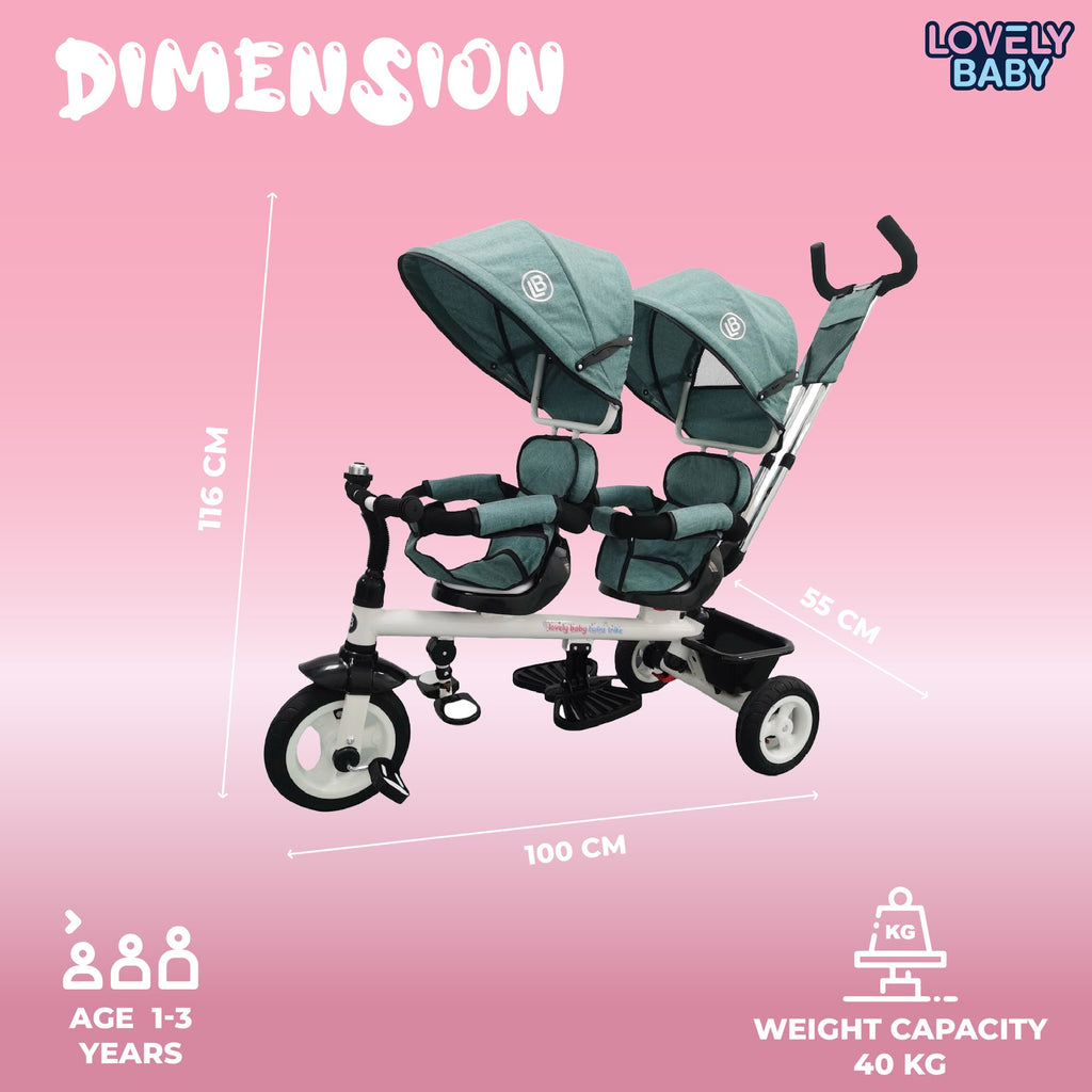 Lovely Baby Lovely Baby 2-Seater Twin Tricycle with Dual Canopy & 360° Rotating Seats - Blue - additional view 6