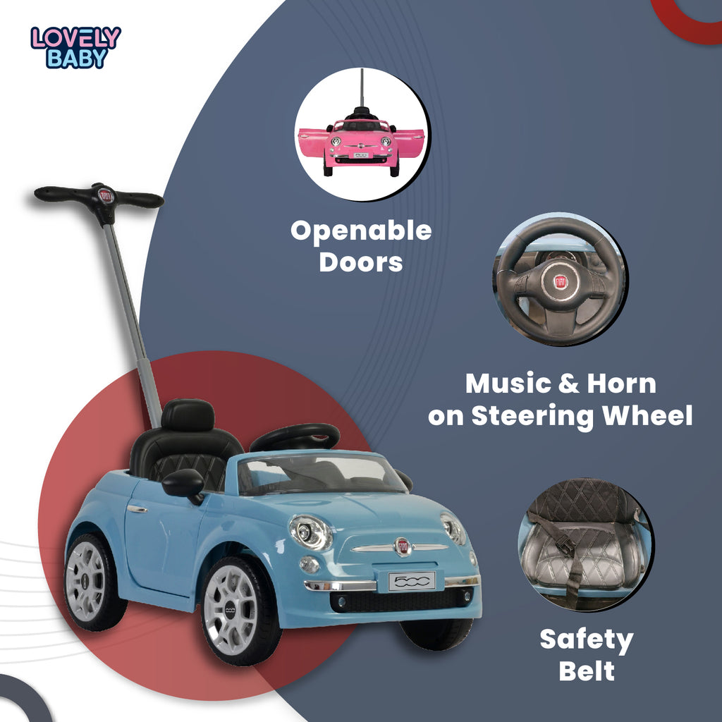 Lovely Baby Fiat 500 Kids Ride-On Push Car with Parental Control Handle - Blue - lifestyle view