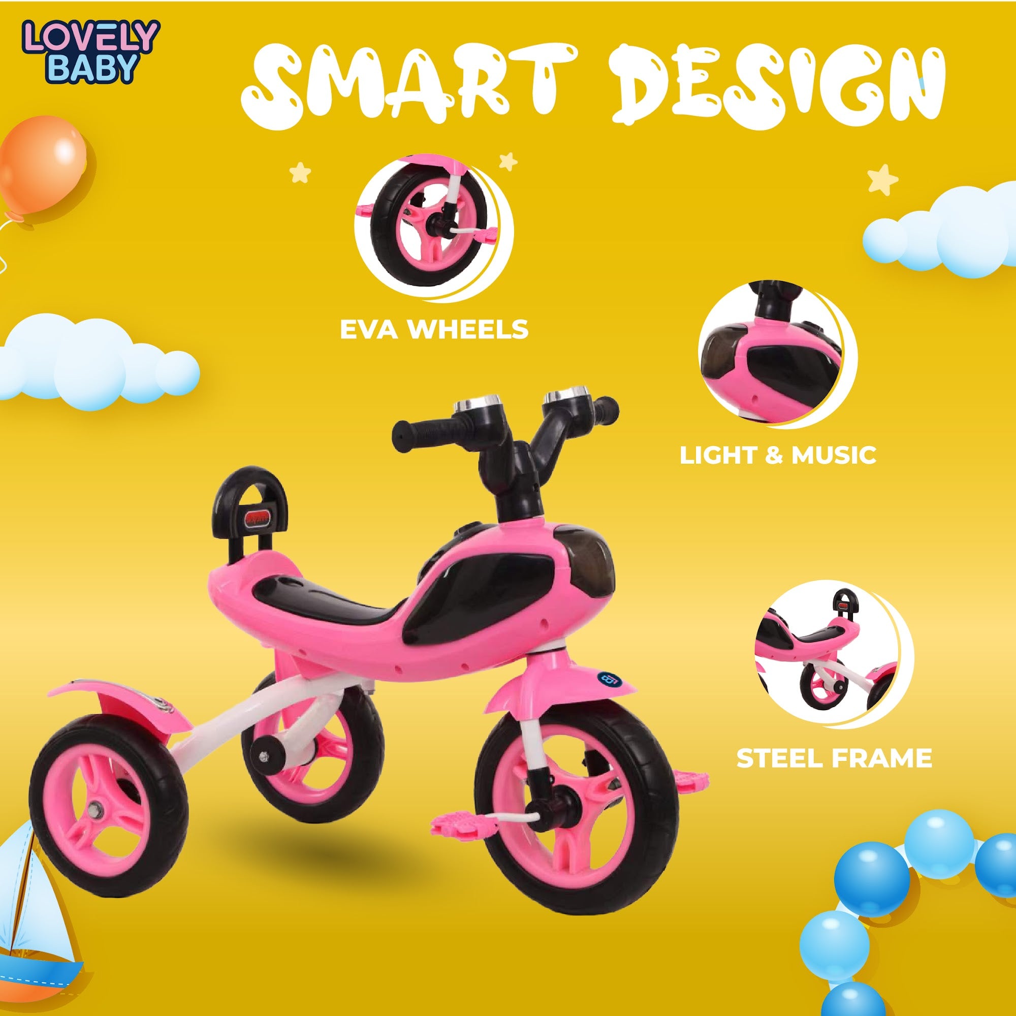 Lovely Baby Lovely Baby Smart Kids Tricycle with Interactive Lights & Music - Pink - alternate angle