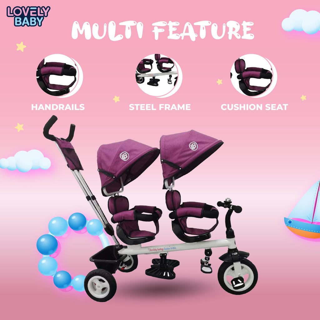 Lovely Baby Lovely Baby 2-Seater Twin Tricycle with Dual Canopy & 360° Rotating Seats - Purple - dimensions and contents