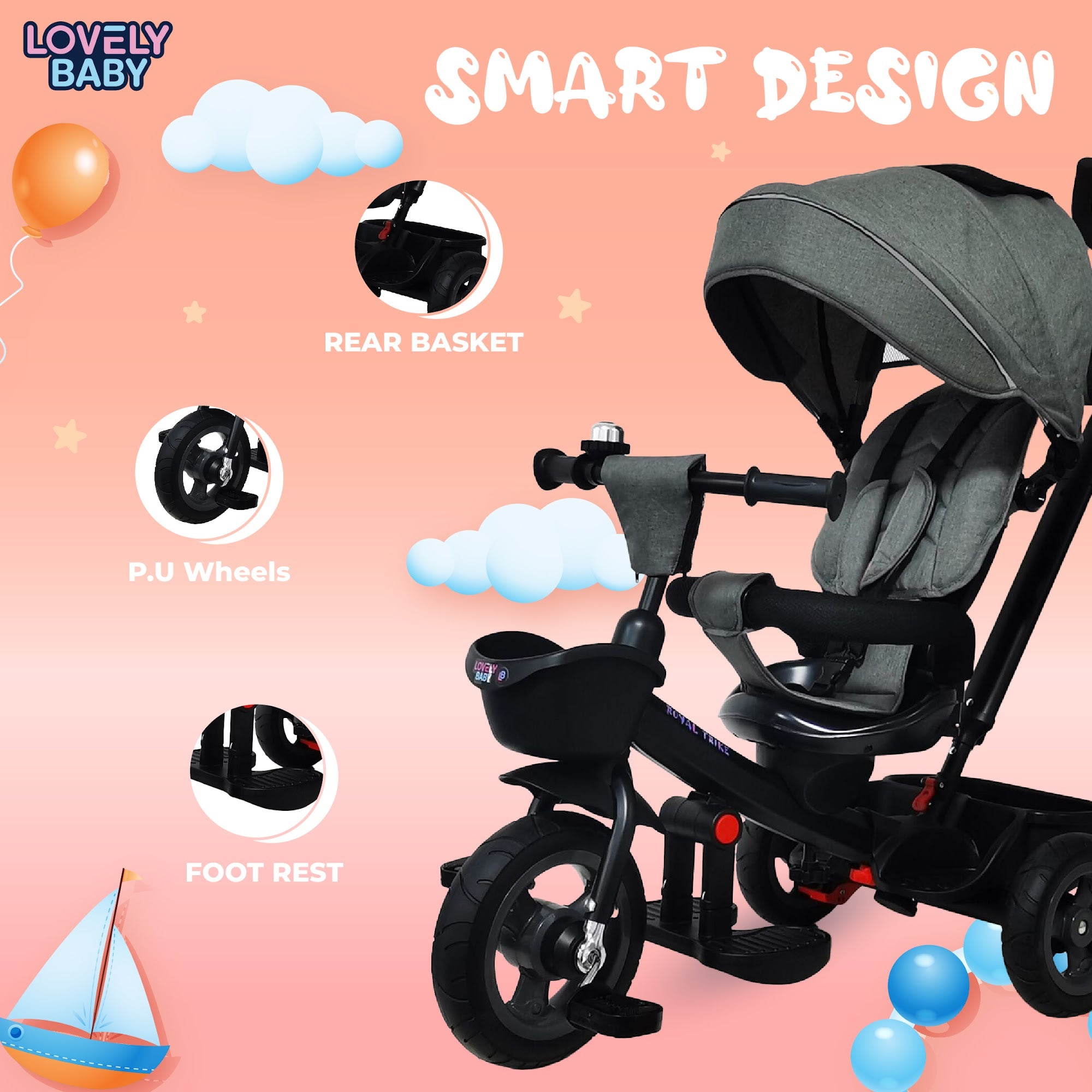 Lovely Baby Lovely Baby Royal Kids Tricycle with 360° Rotating Recline Seat & Canopy - Grey - alternate angle