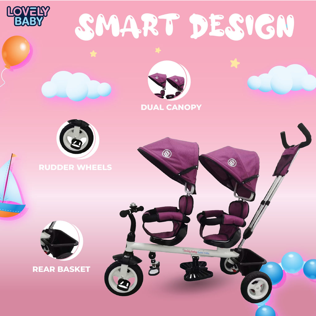 Lovely Baby Lovely Baby 2-Seater Twin Tricycle with Dual Canopy & 360° Rotating Seats - Purple - lifestyle view