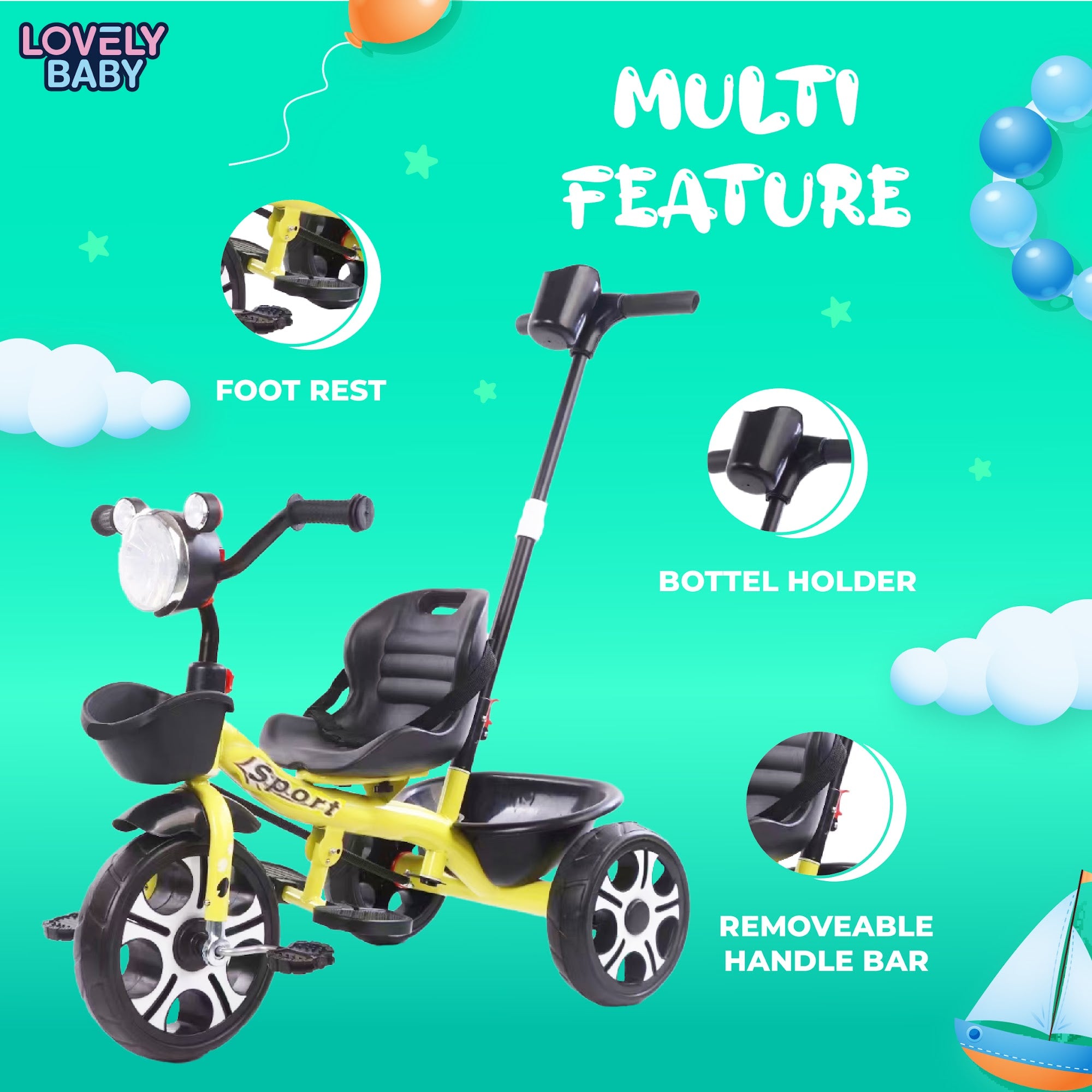 Lovely Baby Lovely Baby Kids Smart Tricycle - Yellow - dimensions and contents