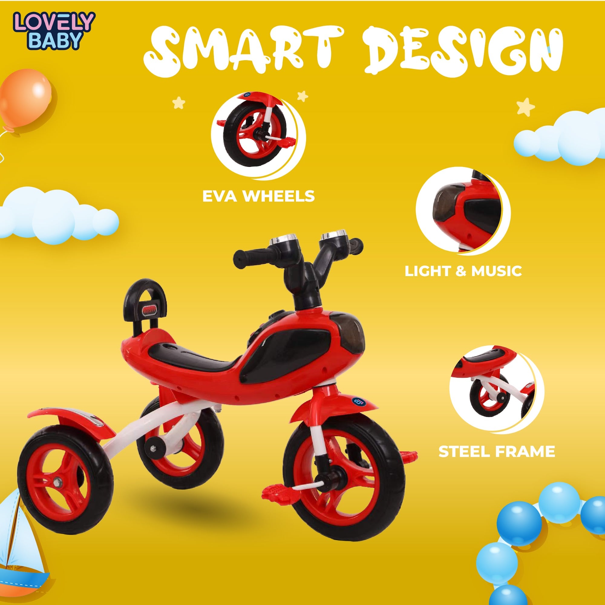 Lovely Baby Lovely Baby Smart Kids Tricycle with Interactive Lights & Music - Red - alternate angle