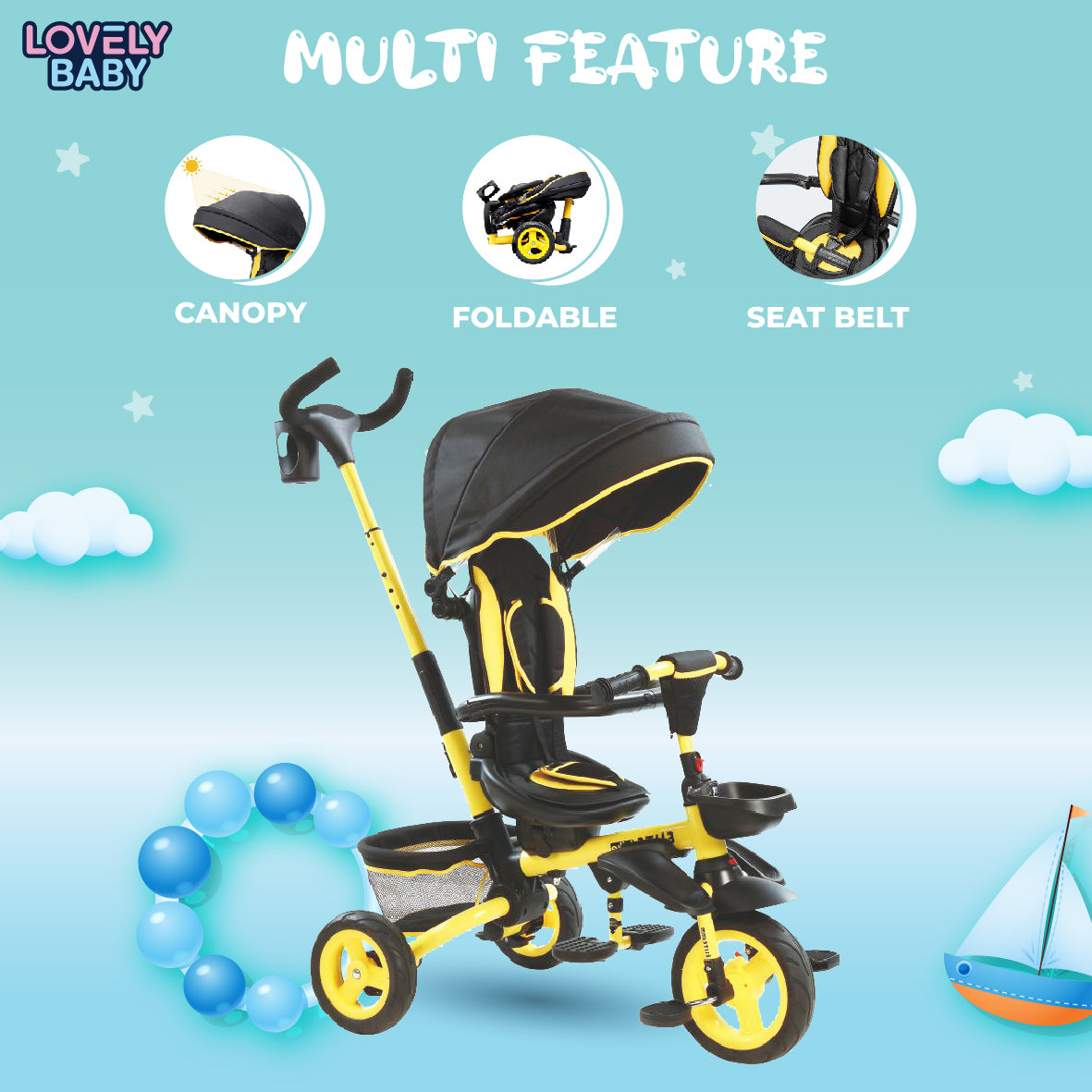 Lovely Baby Lovely Baby Multi-Functional Kids Tricycle with 360° Rotating Seat & Canopy - Blue - lifestyle view