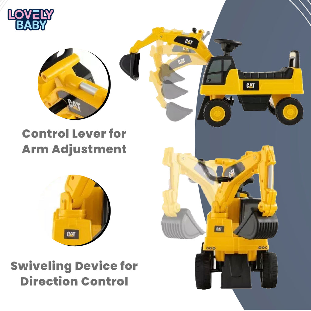 Lovely Baby CAT Kids Ride-On Excavator - Yellow - dimensions and contents