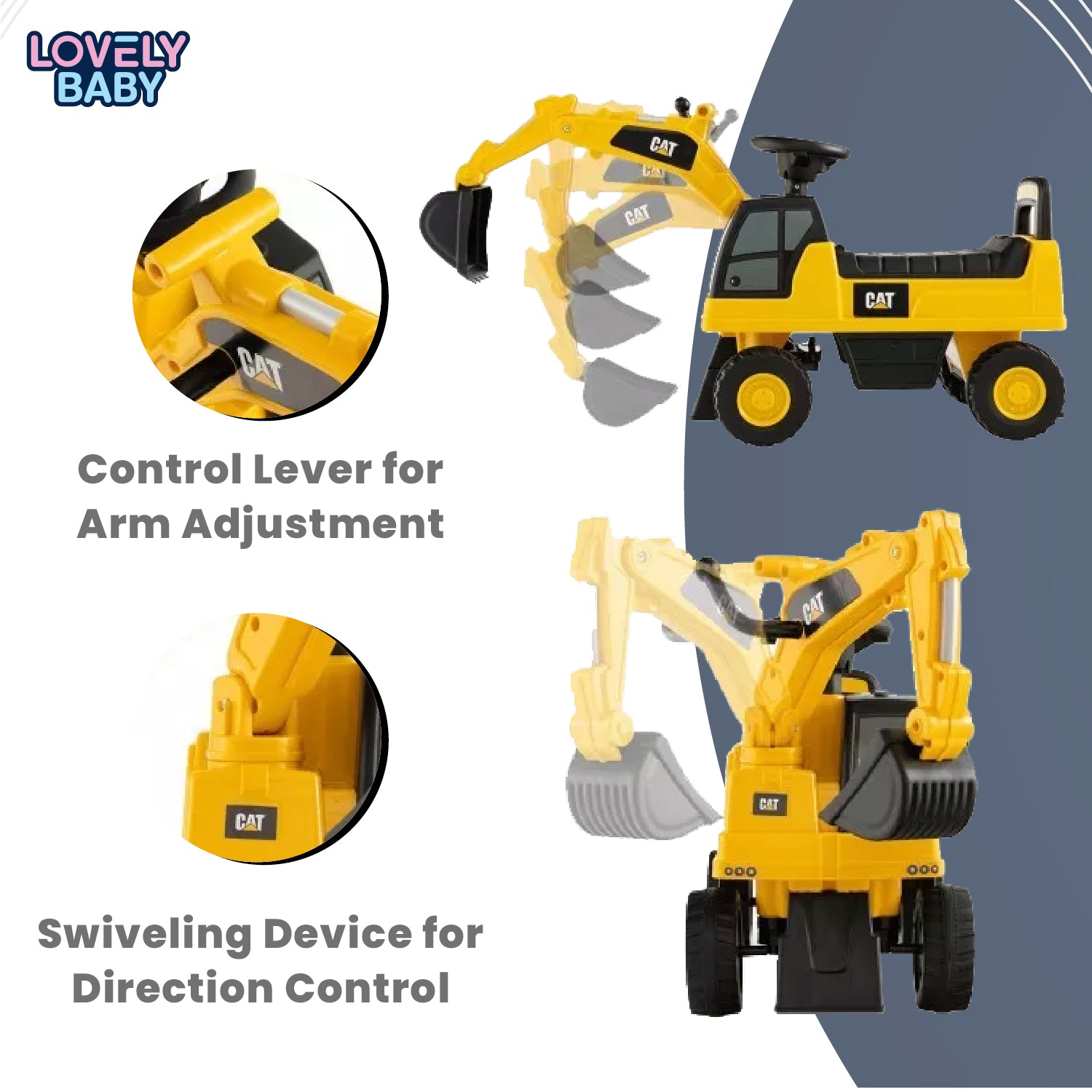 Lovely Baby CAT Kids Ride-On Excavator - Yellow - dimensions and contents