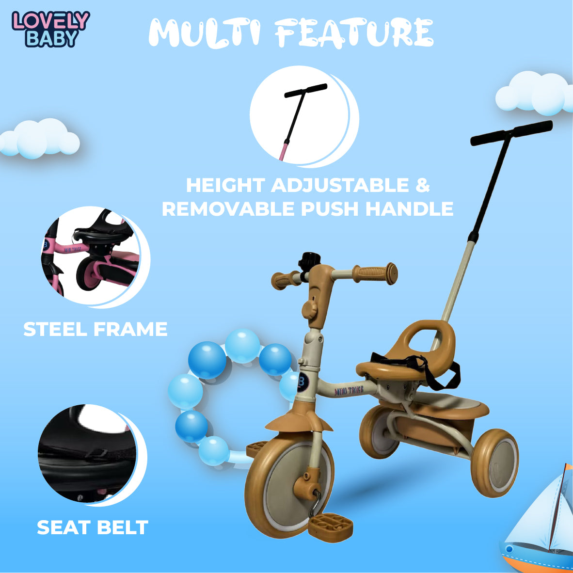 Lovely Baby Lovely Baby Tricycle for Kids Trike with Adjustable Handle, EVA Wheels, Seat Belt & Rear Basket, Steel Frame for Children Age 1 to 3 Years - Yellow - lifestyle view