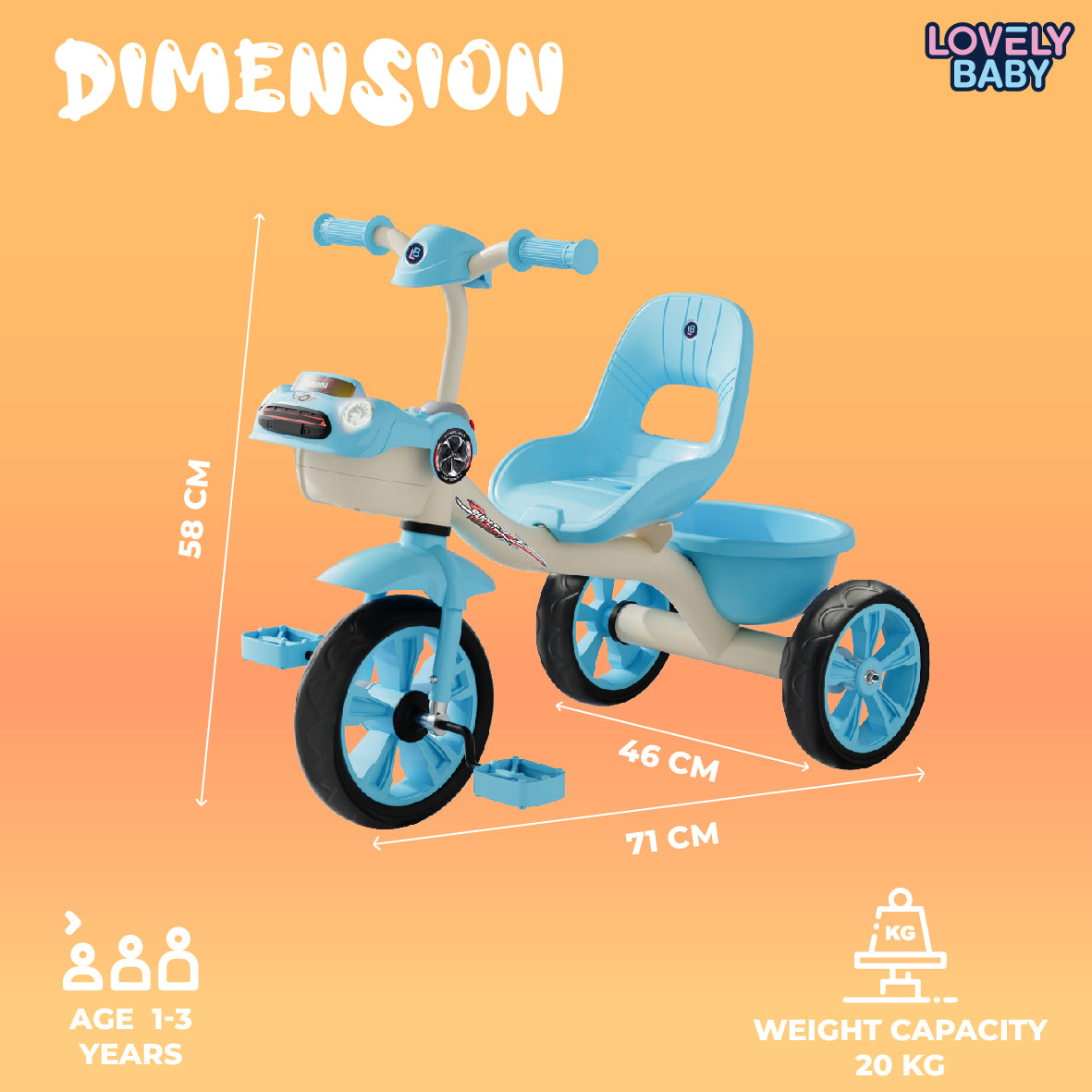 Lovely Baby Lovely Baby Smart Kids Tricycle with Interactive LED Lights, Music & Dual Storage - Pink - dimensions and contents