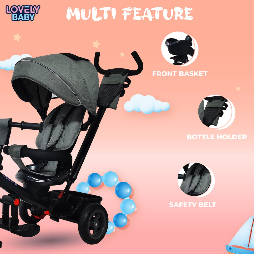 Lovely Baby Lovely Baby Royal Kids Tricycle with 360° Rotating Recline Seat & Canopy - Grey - dimensions and contents