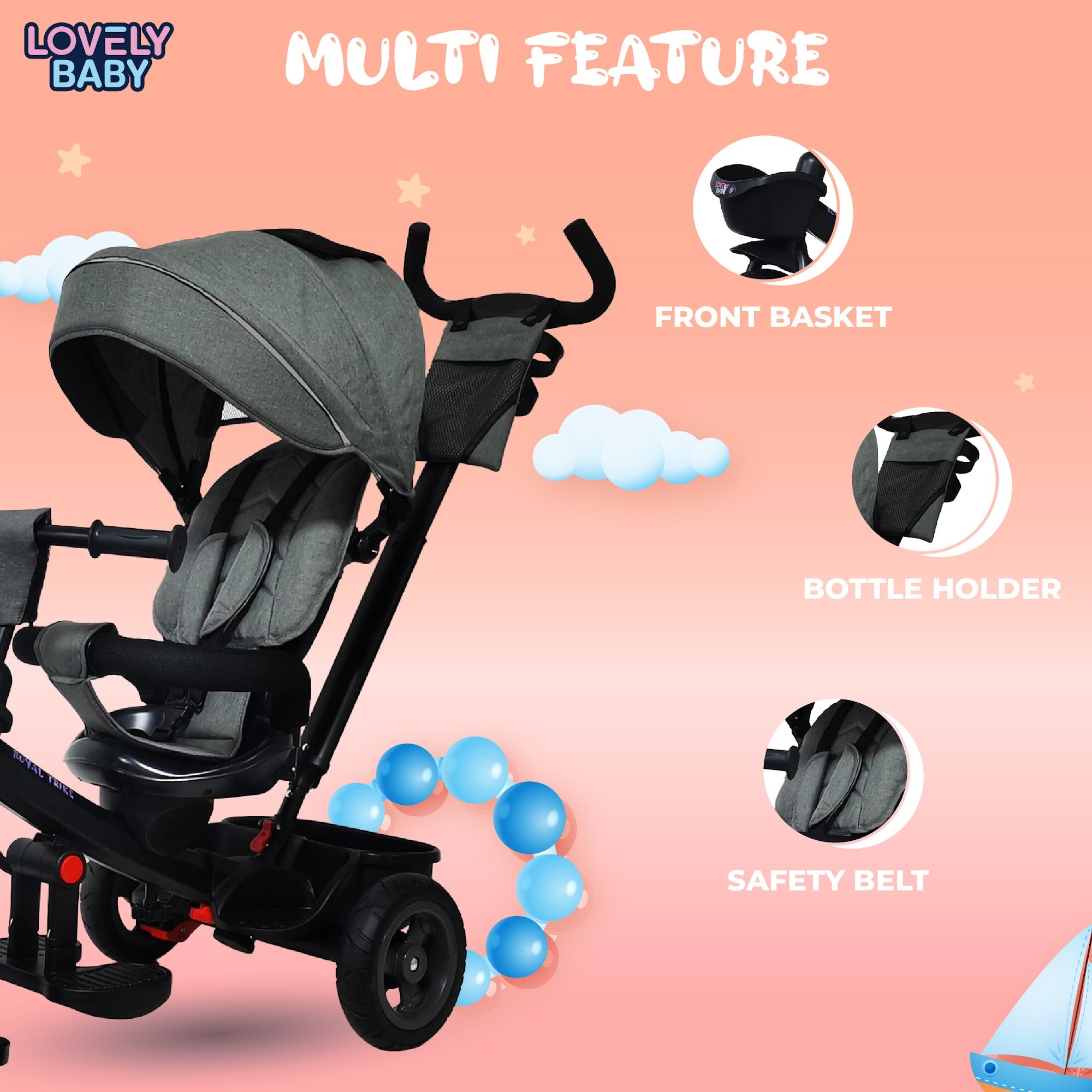 Lovely Baby Lovely Baby Royal Kids Tricycle with 360° Rotating Recline Seat & Canopy - Grey - dimensions and contents