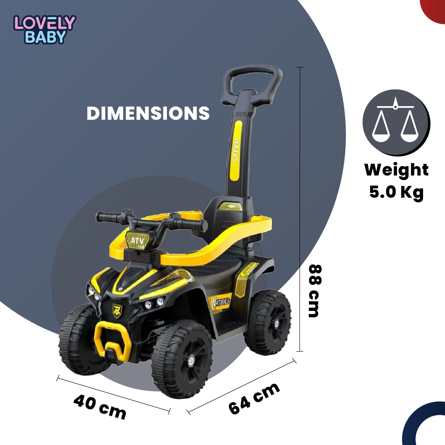 Lovely Baby Lovely Baby Kids Ride-On ATV Push Car - Yellow - dimensions and contents