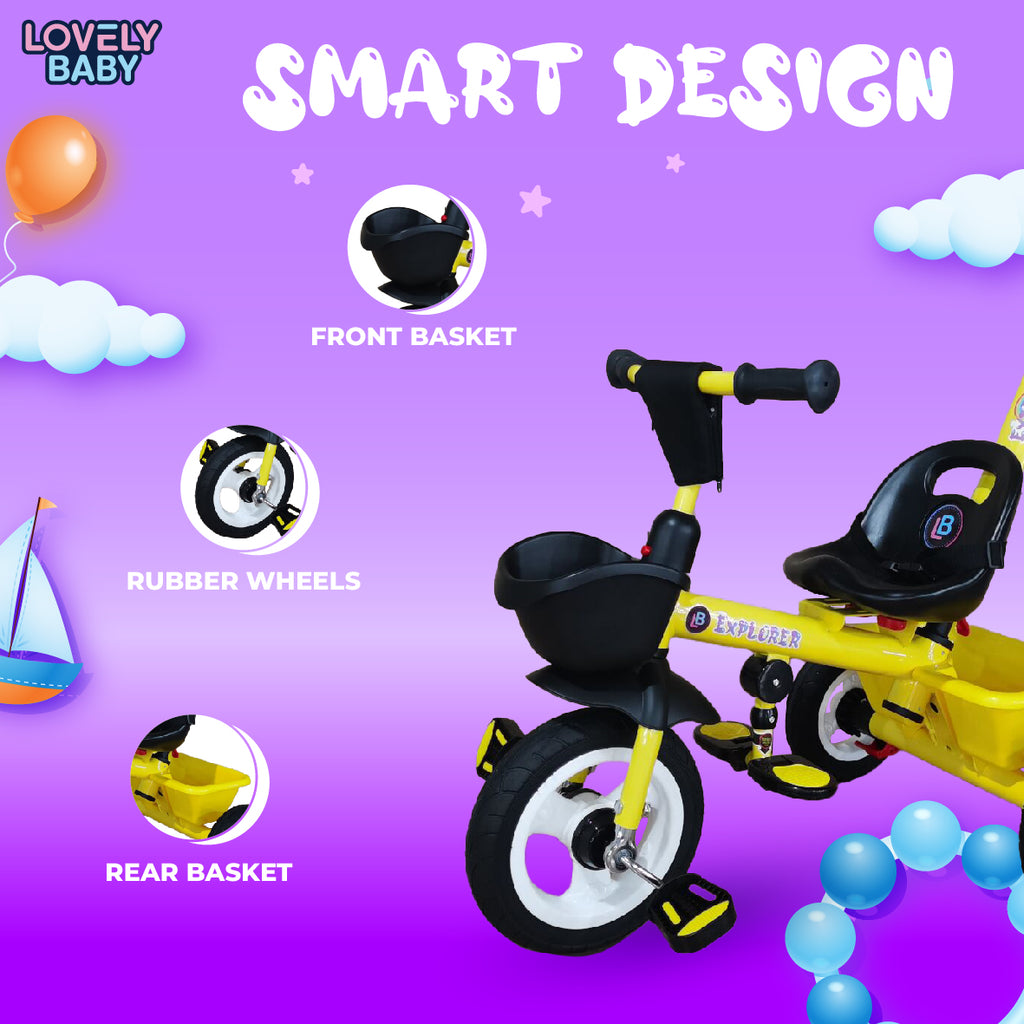 Lovely Baby Lovely Baby Smart Kids Tricycle with Parent Push Handle, Rubber Wheels & Dual Storage - Yellow - lifestyle view