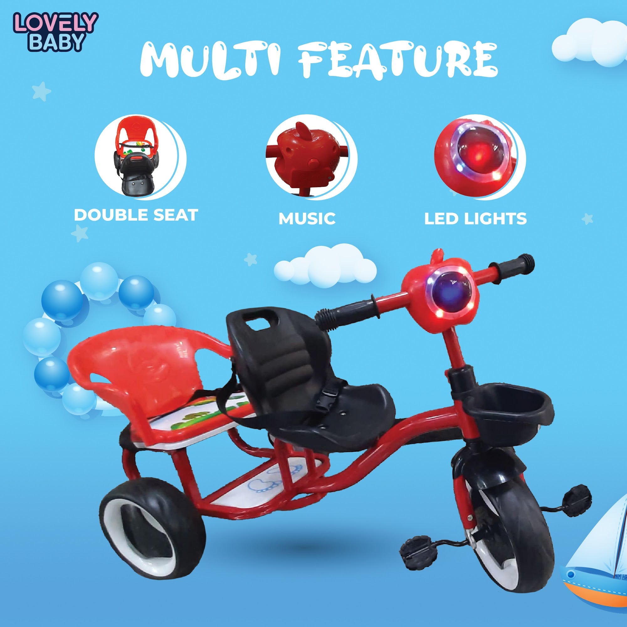 Lovely Baby Lovely Baby 2-Seater Kids Tricycle with Interactive Lights & Music - Red - additional view 8