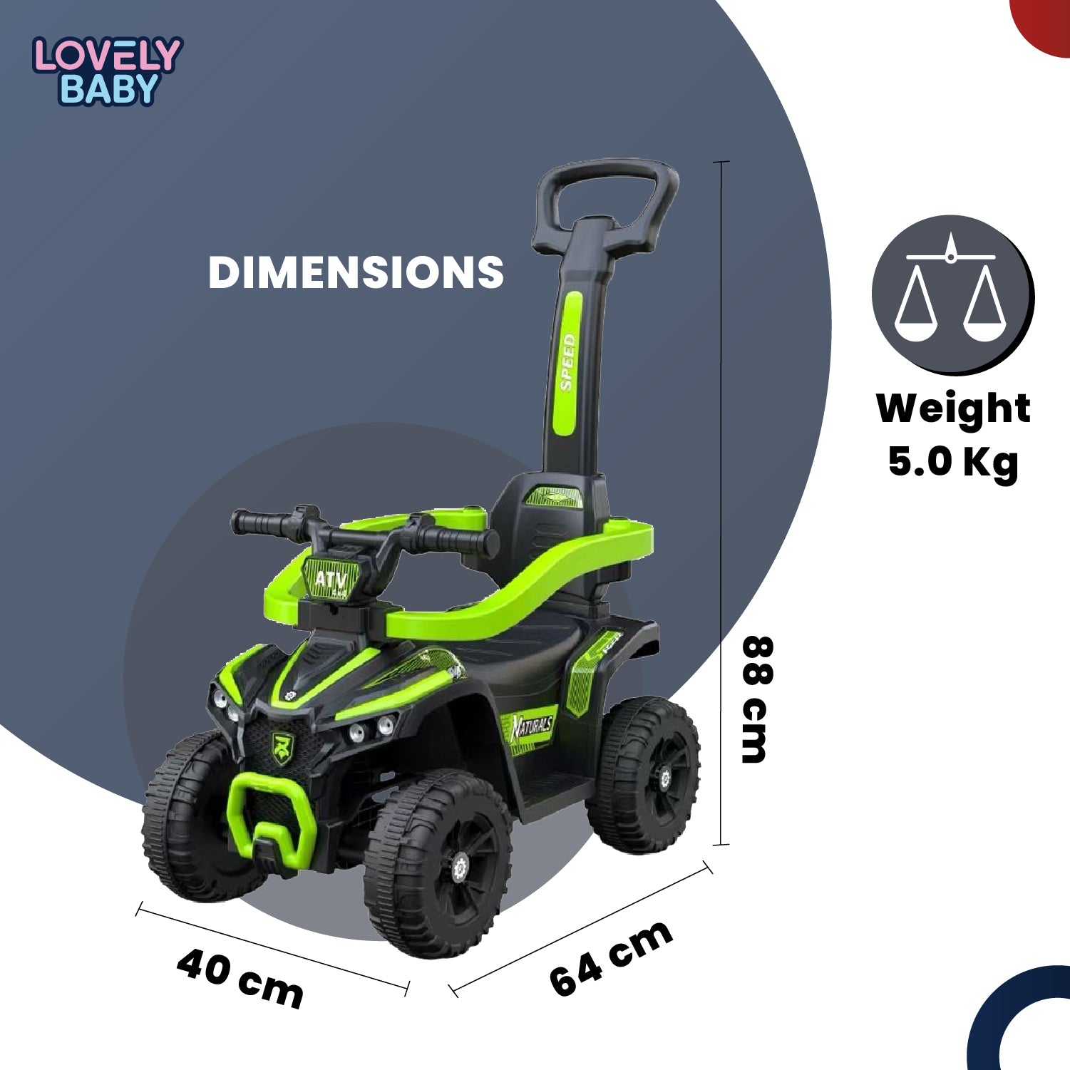 Lovely Baby Lovely Baby Kids Ride-On ATV Push Car - Green - dimensions and contents