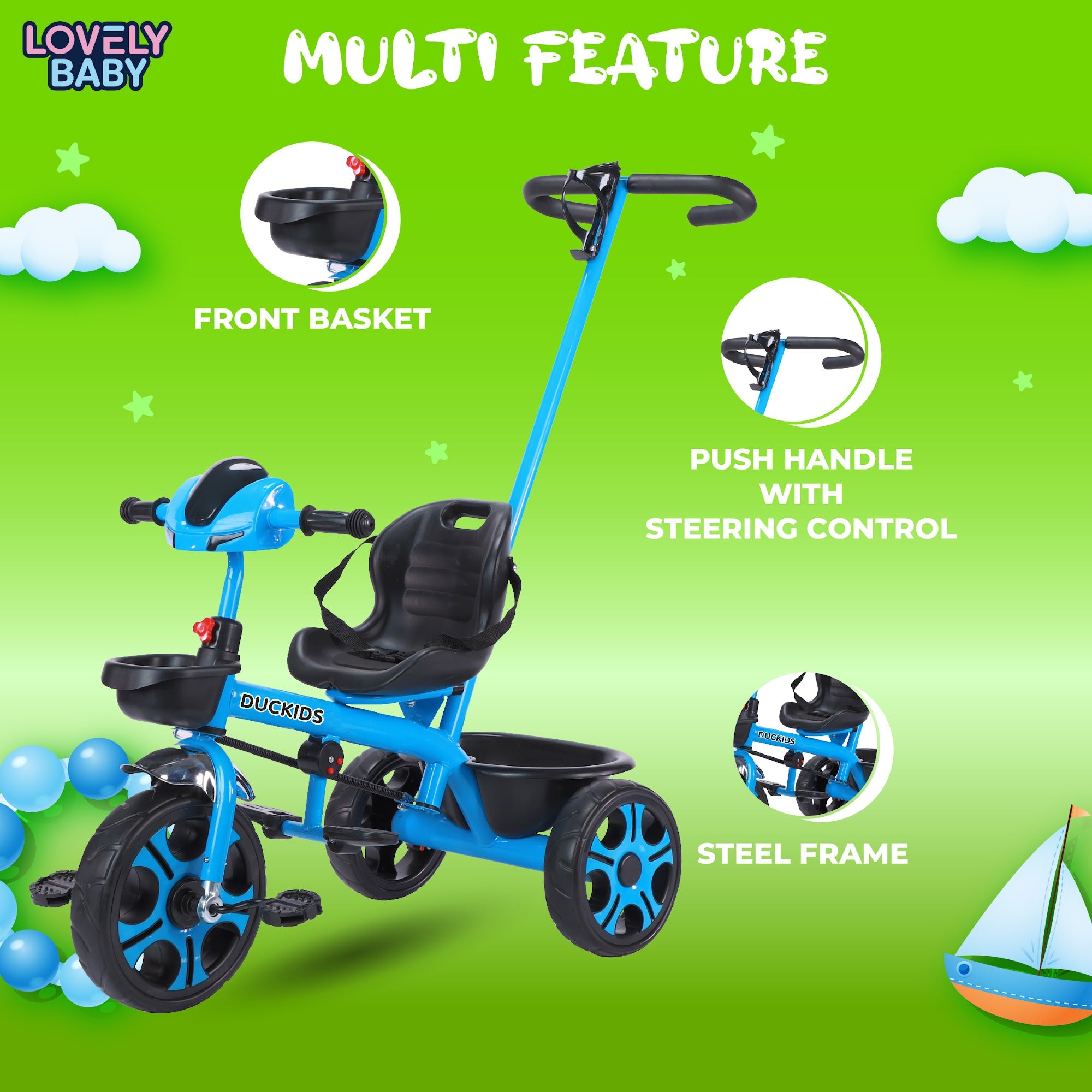 Lovely Baby Lovely Baby Duckids 3-Wheel Kids Tricycle w Parent Handle - Blue - lifestyle view