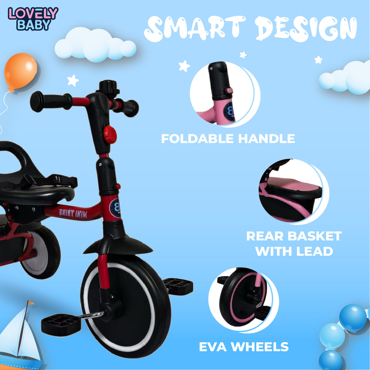Lovely Baby Lovely Baby Tricycle for Kids Trike with Adjustable Handle, EVA Wheels, Seat Belt & Rear Basket, Steel Frame for Children Age 1 to 3 Years - Red - alternate angle