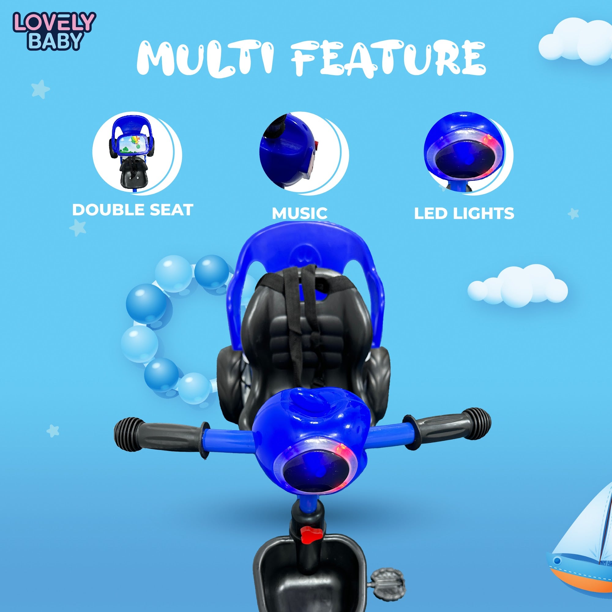 Lovely Baby Lovely Baby 2-Seater Kids Tricycle with Interactive Lights & Music - Blue - additional view 8