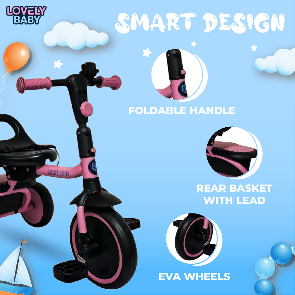 Lovely Baby Lovely Baby Tricycle for Kids Trike with Adjustable Handle, EVA Wheels, Seat Belt & Rear Basket, Steel Frame for Children Age 1 to 3 Years - Pink - alternate angle