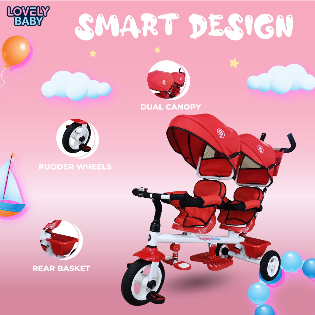 Lovely Baby Lovely Baby 2-Seater Twin Tricycle with Dual Canopy & 360° Rotating Seats - Red - dimensions and contents