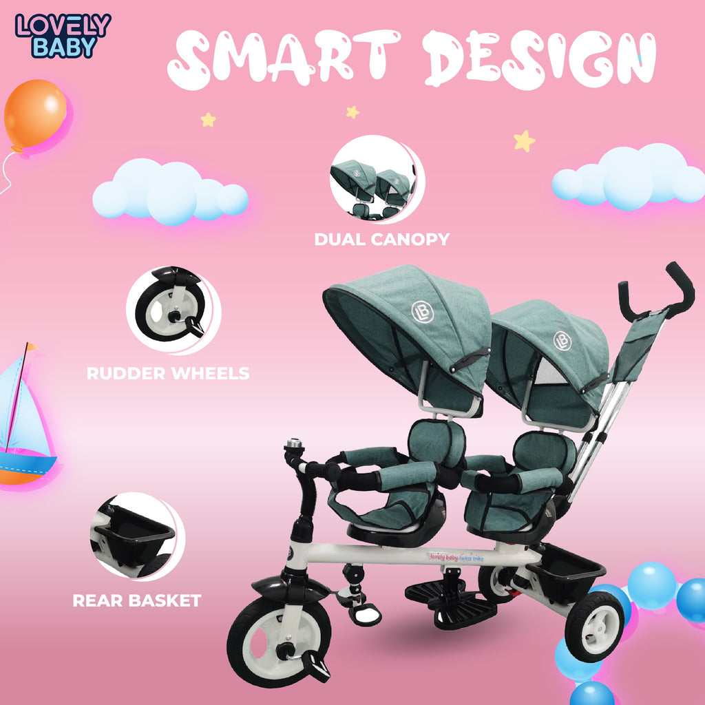 Lovely Baby Lovely Baby 2-Seater Twin Tricycle with Dual Canopy & 360° Rotating Seats - Blue - lifestyle view